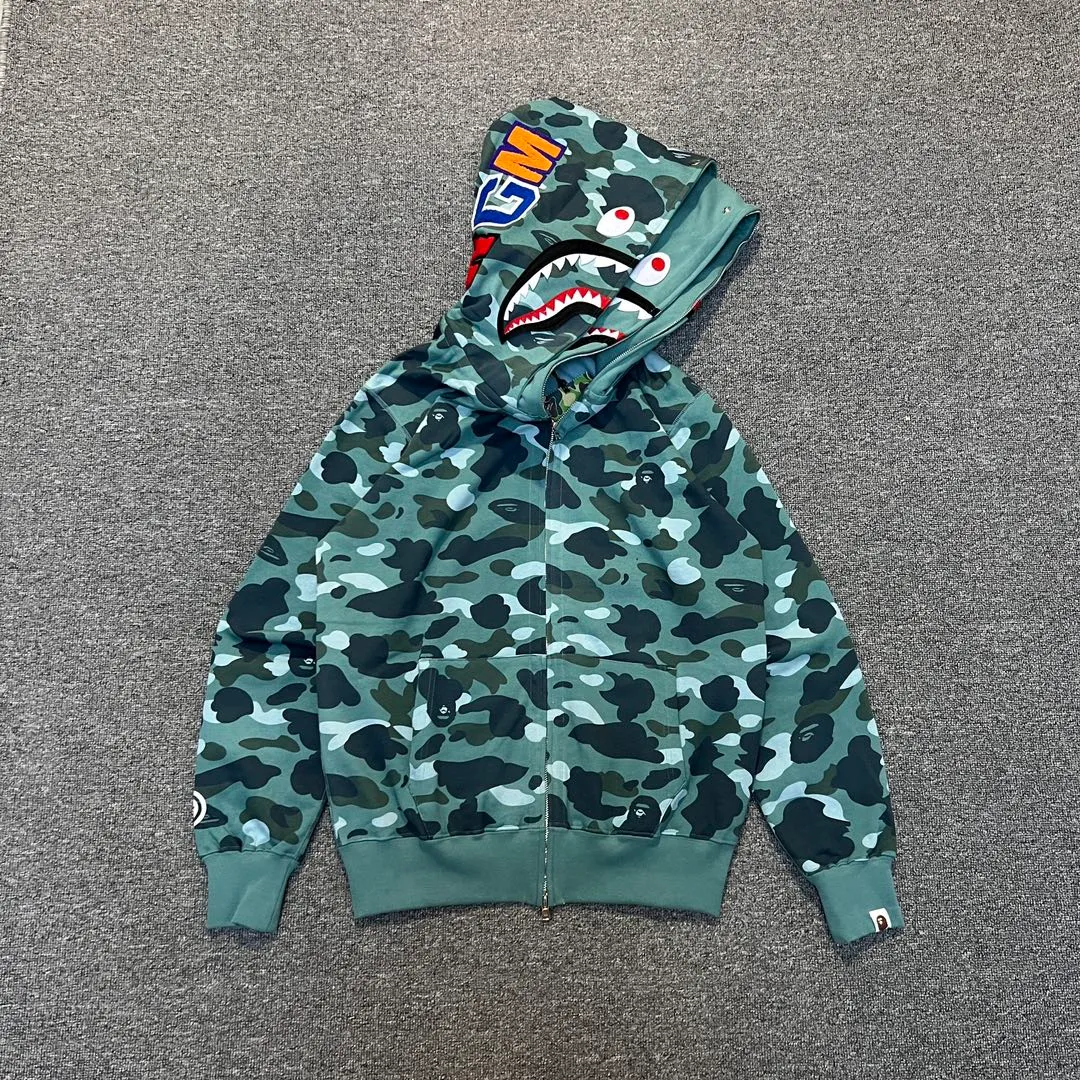 💰440 BAPE WGM letter patch camouflage pattern double hooded zipper sweatshirt High weight pure cotton custom fabric 1:1 heavyweight couple model: S-XXL [camouflage green, camouflage gray]