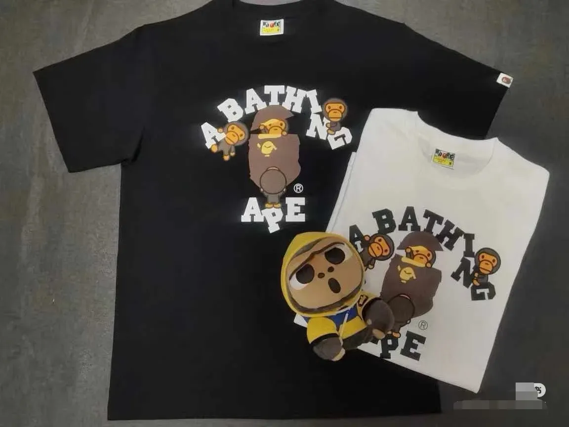 P110 00142 BAPE FW23 letter printed round neck pullover short-sleeved T-shirt, same style for men and women, size smlxlxxl, black and white