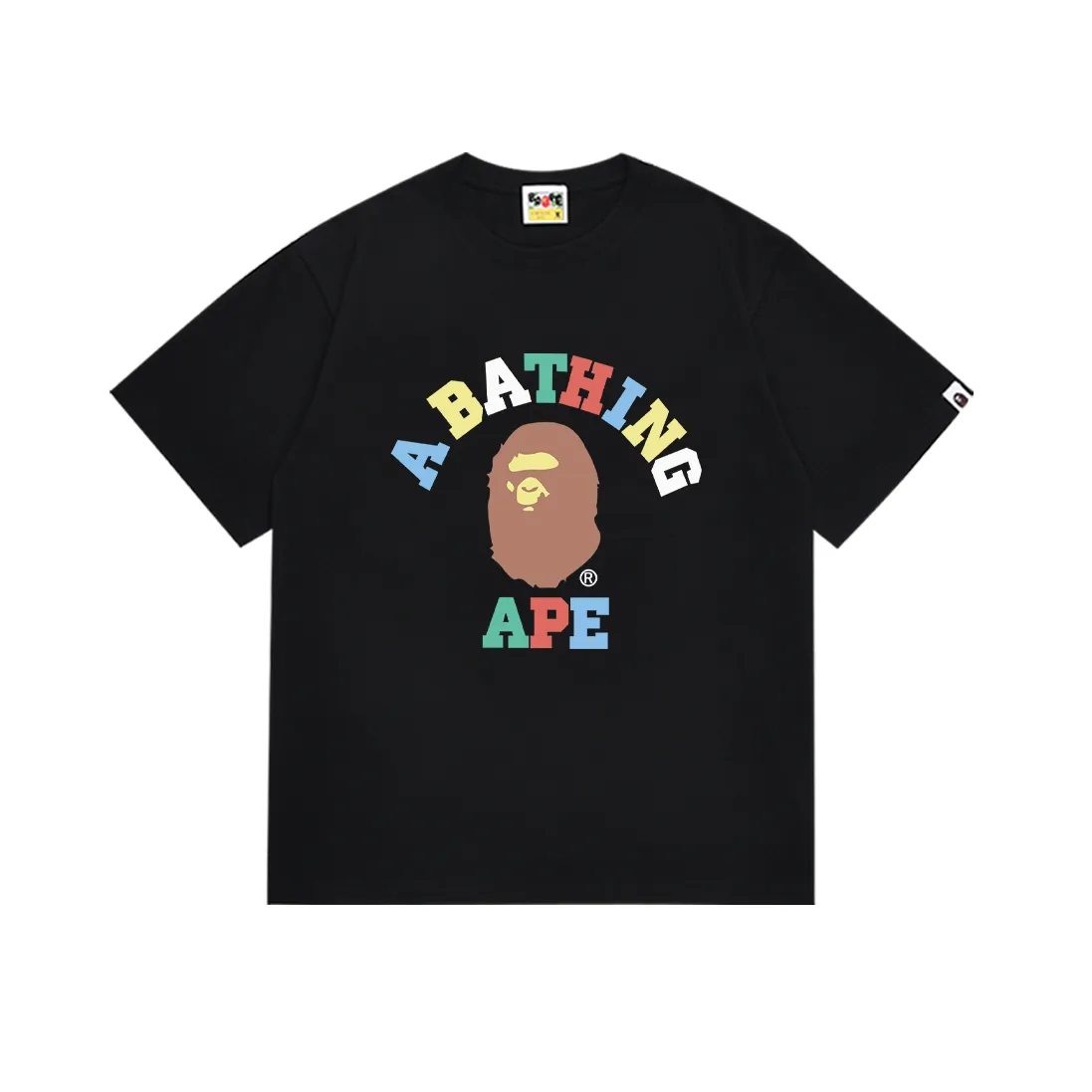 P110 SC013# (top version) BAPE ape head colorful letter printed short-sleeved T-shirt Japanese trendy brand for men. Made of 260 grams of high-quality high-weave pure cotton fabric. Double yarn combed. The texture is soft and non-pilling. Imported environmentally friendly printing glue. The pattern is bright and three-dimensional. The quality is the same for men and women. The upper body is trendy. Color: black and white. Size: S M L XL XXL
