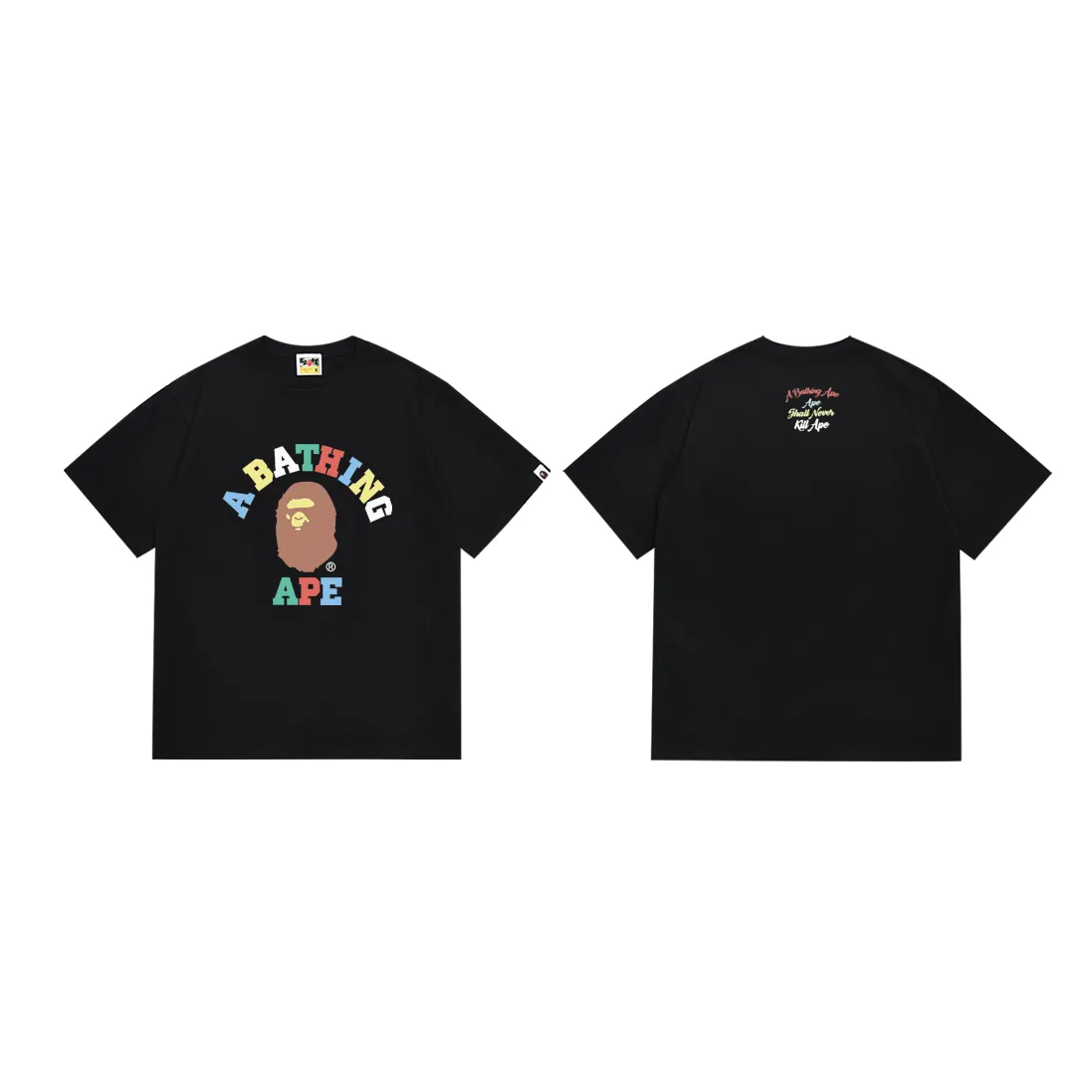 P110 SC013# (top version) BAPE ape head colorful letter printed short-sleeved T-shirt Japanese trendy brand for men. Made of 260 grams of high-quality high-weave pure cotton fabric. Double yarn combed. The texture is soft and non-pilling. Imported environmentally friendly printing glue. The pattern is bright and three-dimensional. The quality is the same for men and women. The upper body is trendy. Color: black and white. Size: S M L XL XXL