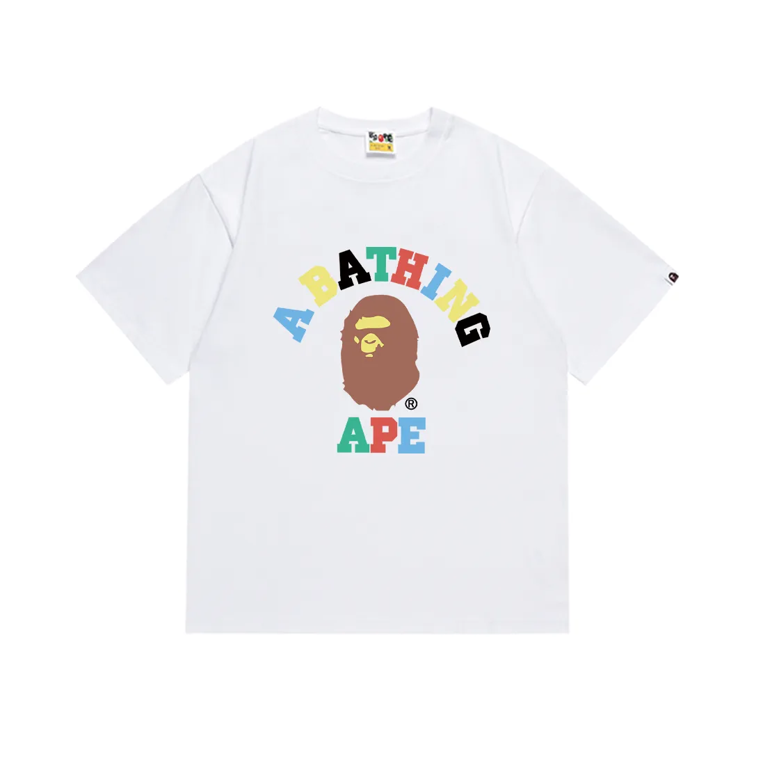 P110 SC013# (top version) BAPE ape head colorful letter printed short-sleeved T-shirt Japanese trendy brand for men. Made of 260 grams of high-quality high-weave pure cotton fabric. Double yarn combed. The texture is soft and non-pilling. Imported environmentally friendly printing glue. The pattern is bright and three-dimensional. The quality is the same for men and women. The upper body is trendy. Color: black and white. Size: S M L XL XXL