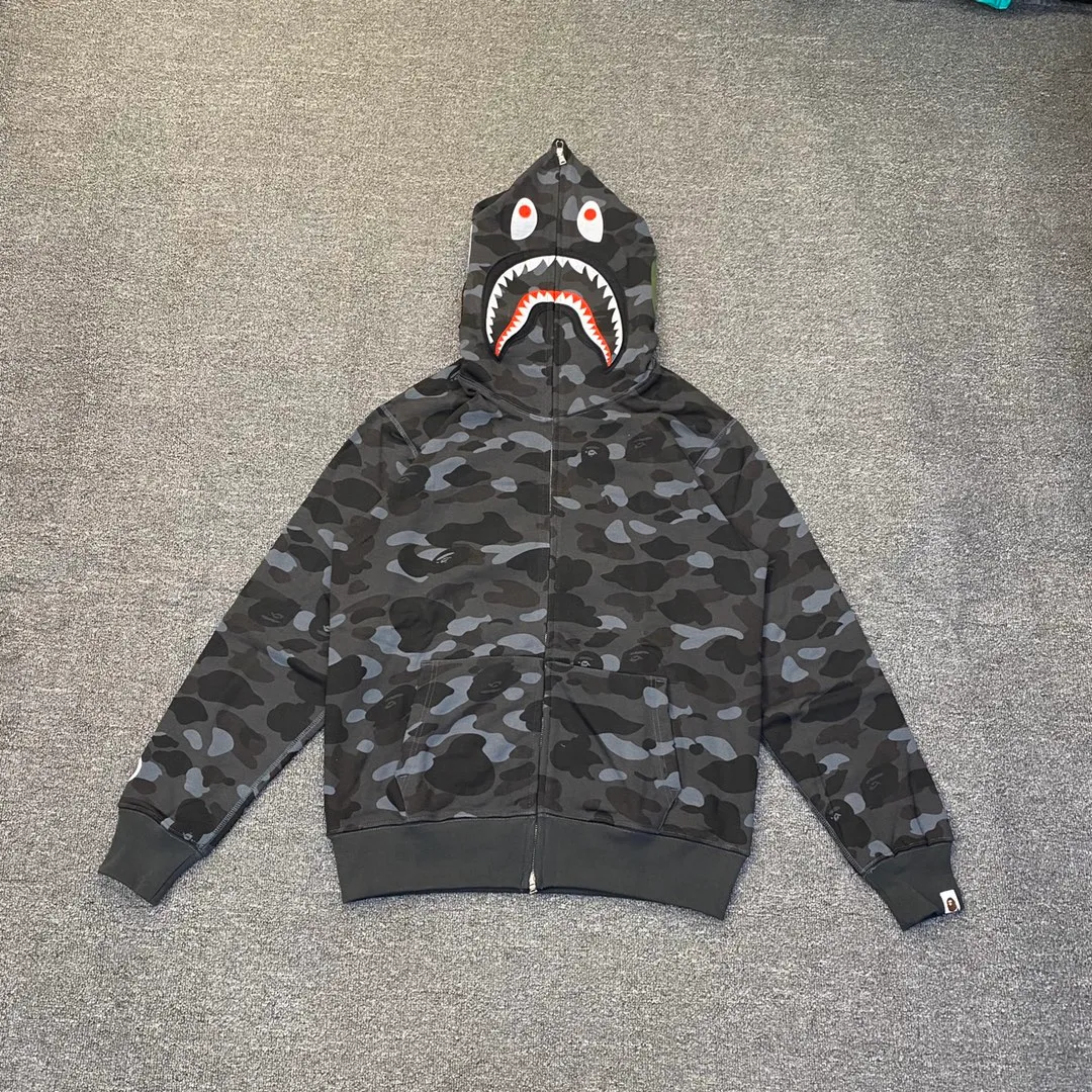 💰380 BAPE 1ST CAMO SHARK FULL Classic counter model Camouflage shark hooded zipper sweatshirt Machine-printed camouflage Top-quality fabric High-end 1:1 replica Customized fabric Couple model: S—XXL [Camouflage yellow, Camouflage green, Camouflage red, Camouflage purple, Camouflage blue, Camouflage gray]