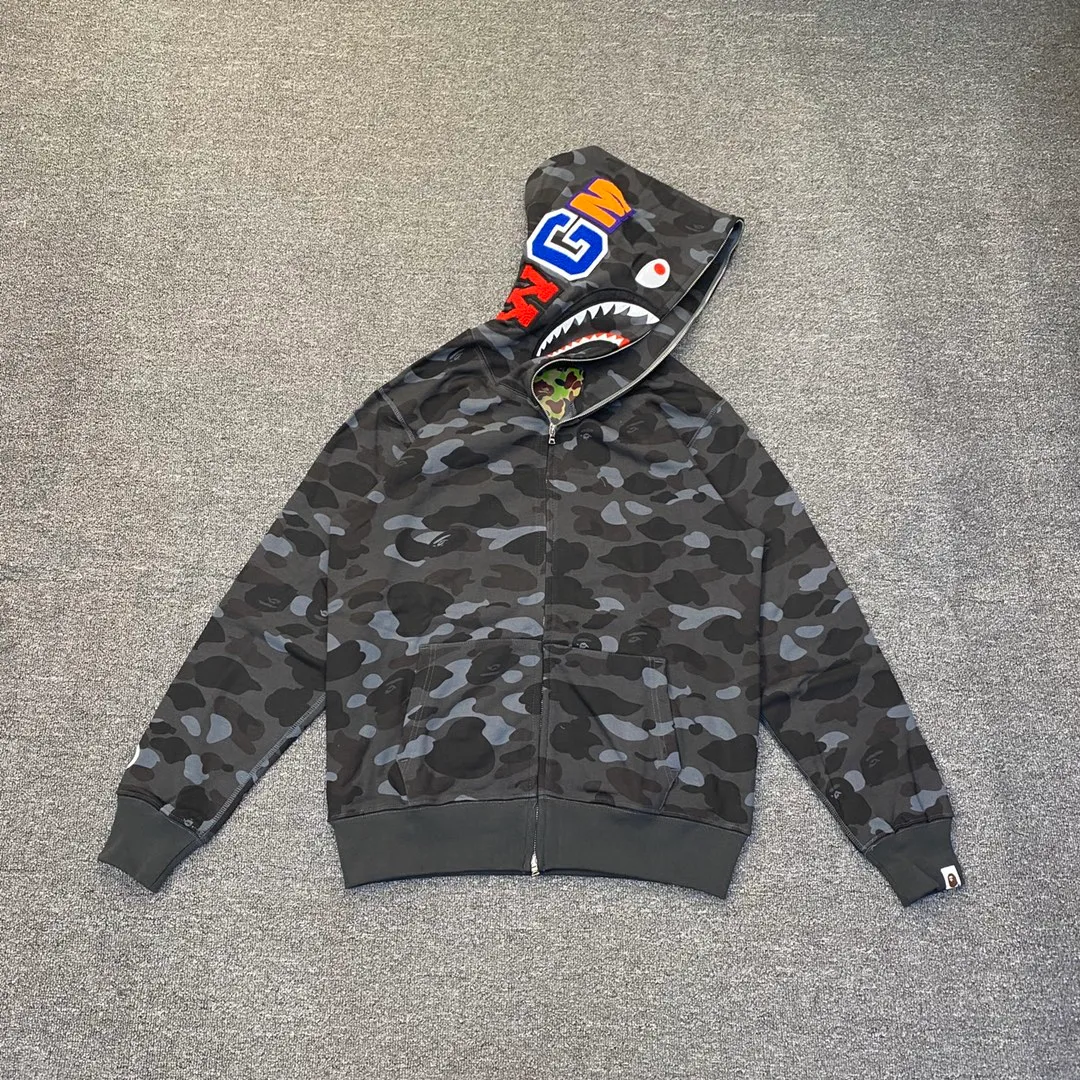 💰380 BAPE 1ST CAMO SHARK FULL Classic counter model Camouflage shark hooded zipper sweatshirt Machine-printed camouflage Top-quality fabric High-end 1:1 replica Customized fabric Couple model: S—XXL [Camouflage yellow, Camouflage green, Camouflage red, Camouflage purple, Camouflage blue, Camouflage gray]