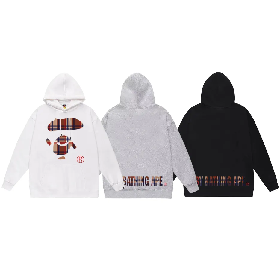 P160 model number SC792# terry 80 plus velvet 90 (top version) BAPE plaid ape face letter pattern printed hooded sweatshirt Made of 380g large terry (drop shoulder large version) fabric, soft texture and no pilling Imported environmentally friendly printing glue The pattern is bright and three-dimensional Quality 💥Same style for men and women The upper body is trendy Color: black white gray Size: S M L XL XXL