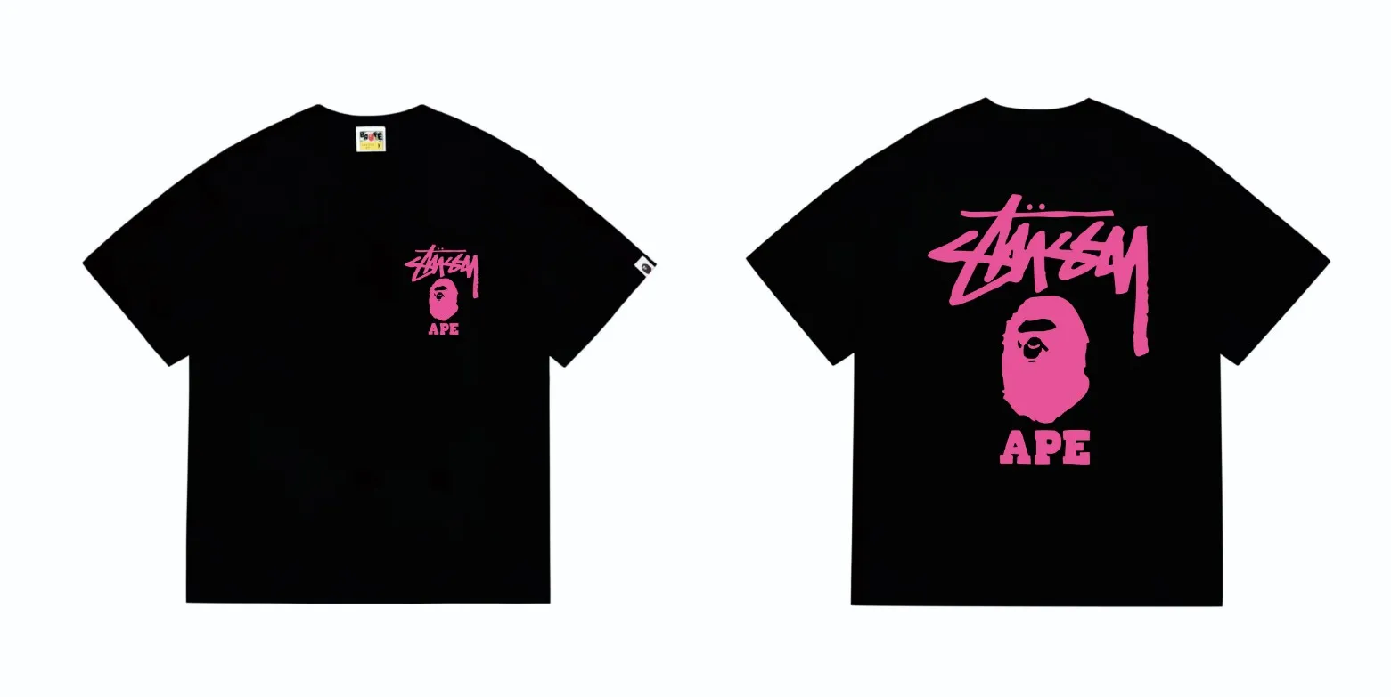 SC202#p110💰 (top version) BAPE×Stussy co-branded Stussy letter ape print T-shirt Made of 260 grams of high-quality high-weave pure cotton fabric, double yarn combed, soft texture without pilling, imported environmentally friendly printing glue, bright and three-dimensional pattern, quality 💥Same style for men and women, the upper body is fashionable Color: black pink white pink gray pink pink pink red pink black and white gray and white pink and white red and white white and black Gray and black Pink and black Red and black Size: S M L XL XXL