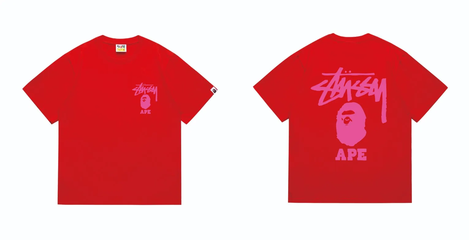 SC202#p110💰 (top version) BAPE×Stussy co-branded Stussy letter ape print T-shirt Made of 260 grams of high-quality high-weave pure cotton fabric, double yarn combed, soft texture without pilling, imported environmentally friendly printing glue, bright and three-dimensional pattern, quality 💥Same style for men and women, the upper body is fashionable Color: black pink white pink gray pink pink pink red pink black and white gray and white pink and white red and white white and black Gray and black Pink and black Red and black Size: S M L XL XXL