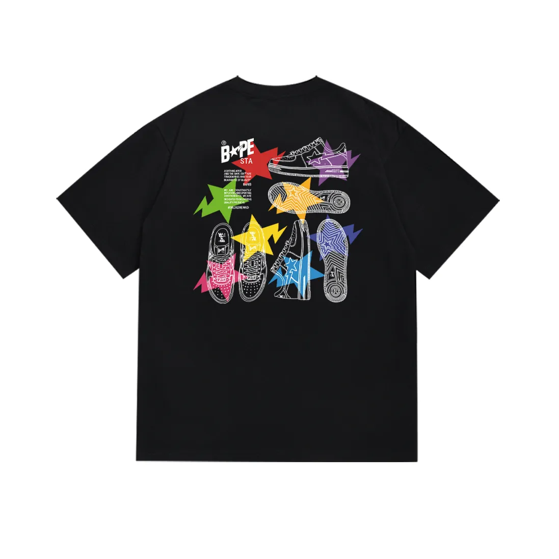 P110 SC044# (top version) BAPE STA LLLUSTRATION shoe letter printing. Made of 260 grams of high-quality high-weave pure cotton fabric. Double yarn combed. The texture is soft and non-pilling. Imported environmentally friendly printing glue. The pattern is bright and three-dimensional. Quality💥Same style for men and women. The upper body is trendy. Color: black and white. Size: S M L XL XXL