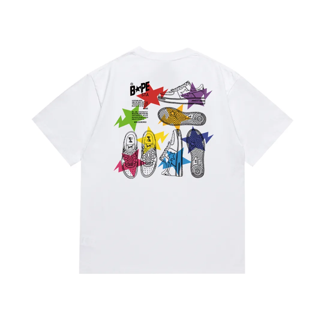 P110 SC044# (top version) BAPE STA LLLUSTRATION shoe letter printing. Made of 260 grams of high-quality high-weave pure cotton fabric. Double yarn combed. The texture is soft and non-pilling. Imported environmentally friendly printing glue. The pattern is bright and three-dimensional. Quality💥Same style for men and women. The upper body is trendy. Color: black and white. Size: S M L XL XXL