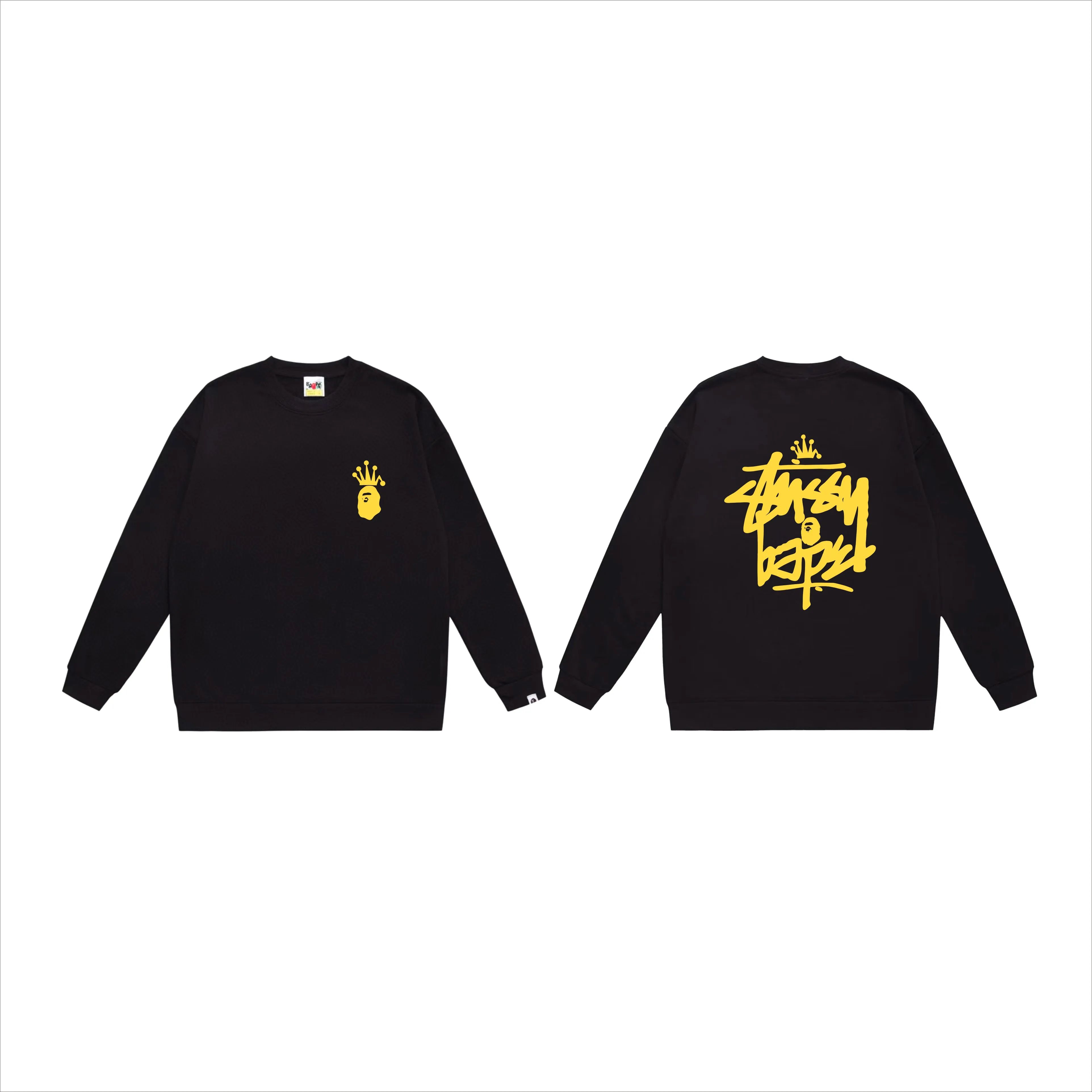 P150 model number SC508# terry 75 plus velvet 80 (top version) BAPE×STUSSY co-branded Stussy letter round neck sweatshirt Made of 350g large terry (drop shoulder large version) fabric, soft and non-pilling texture, imported environmentally friendly printing glue, bright and three-dimensional pattern, quality 💥Same style for men and women. The upper body is trendy. Color: black and red, white and red, gray and red, black and yellow, white and yellow, gray and yellow, black and white, white and black, gray and black. Size: S M L XL XXL