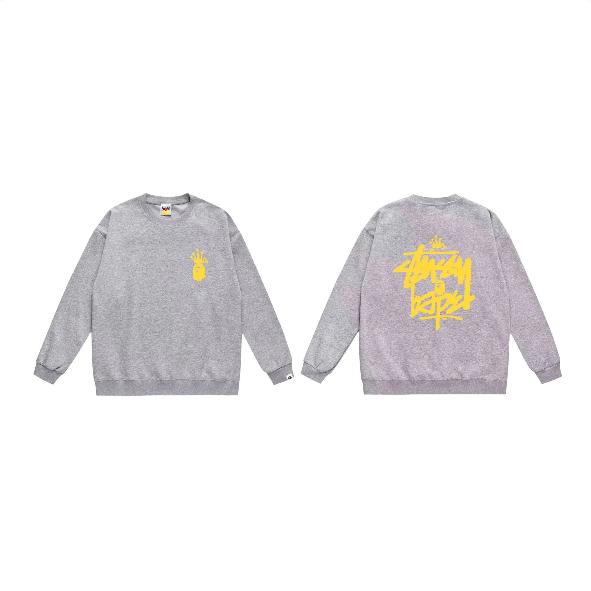 P150 model number SC508# terry 75 plus velvet 80 (top version) BAPE×STUSSY co-branded Stussy letter round neck sweatshirt Made of 350g large terry (drop shoulder large version) fabric, soft and non-pilling texture, imported environmentally friendly printing glue, bright and three-dimensional pattern, quality 💥Same style for men and women. The upper body is trendy. Color: black and red, white and red, gray and red, black and yellow, white and yellow, gray and yellow, black and white, white and black, gray and black. Size: S M L XL XXL