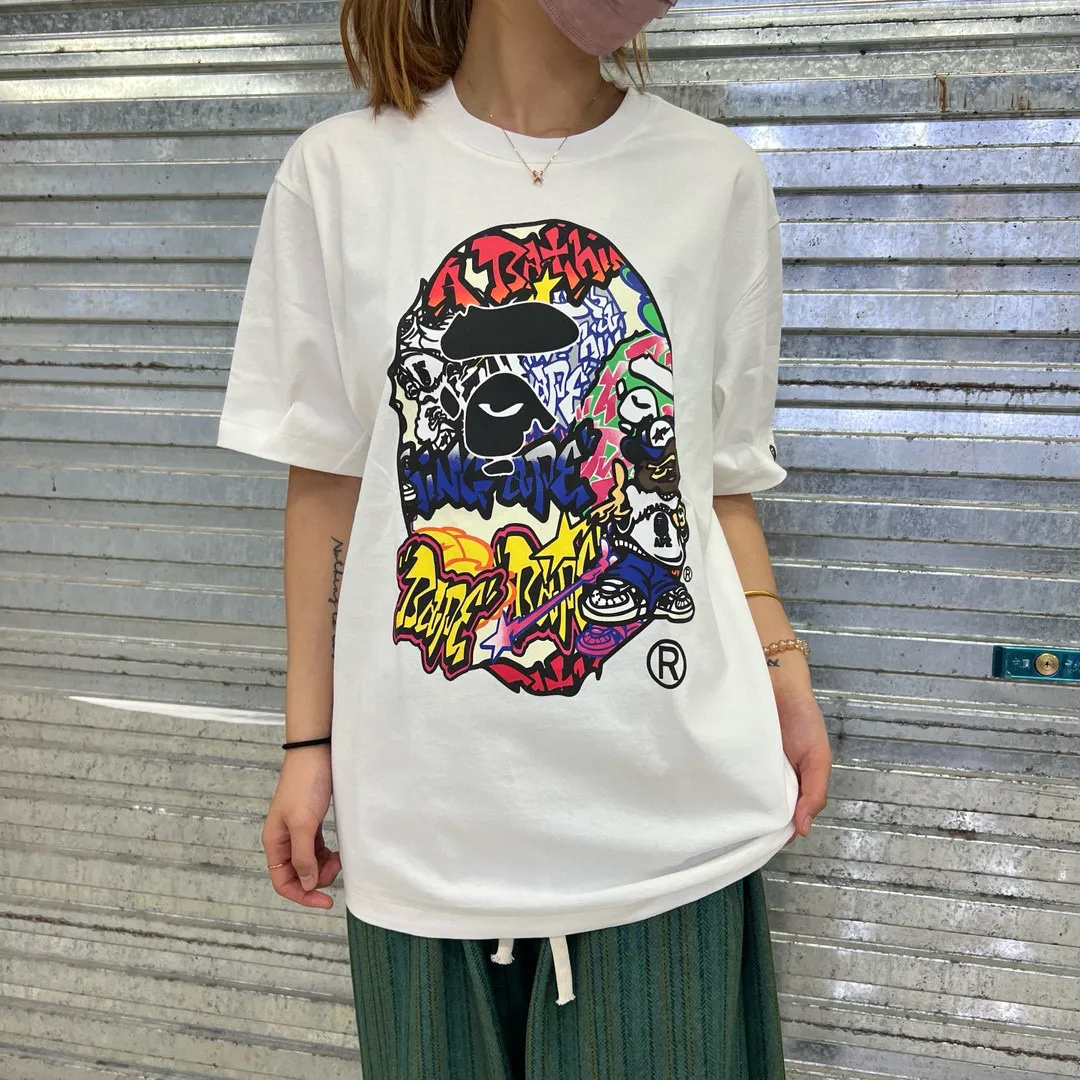 💰140 Bape color letter graffiti ape head print, linen cotton 280g, customized fabric, couple model: S—XXL [black white]