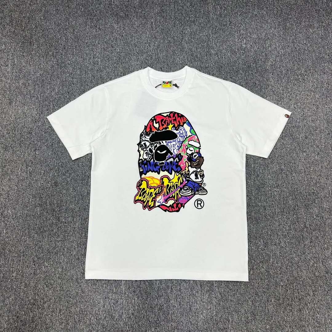 💰140 Bape color letter graffiti ape head print, linen cotton 280g, customized fabric, couple model: S—XXL [black white]