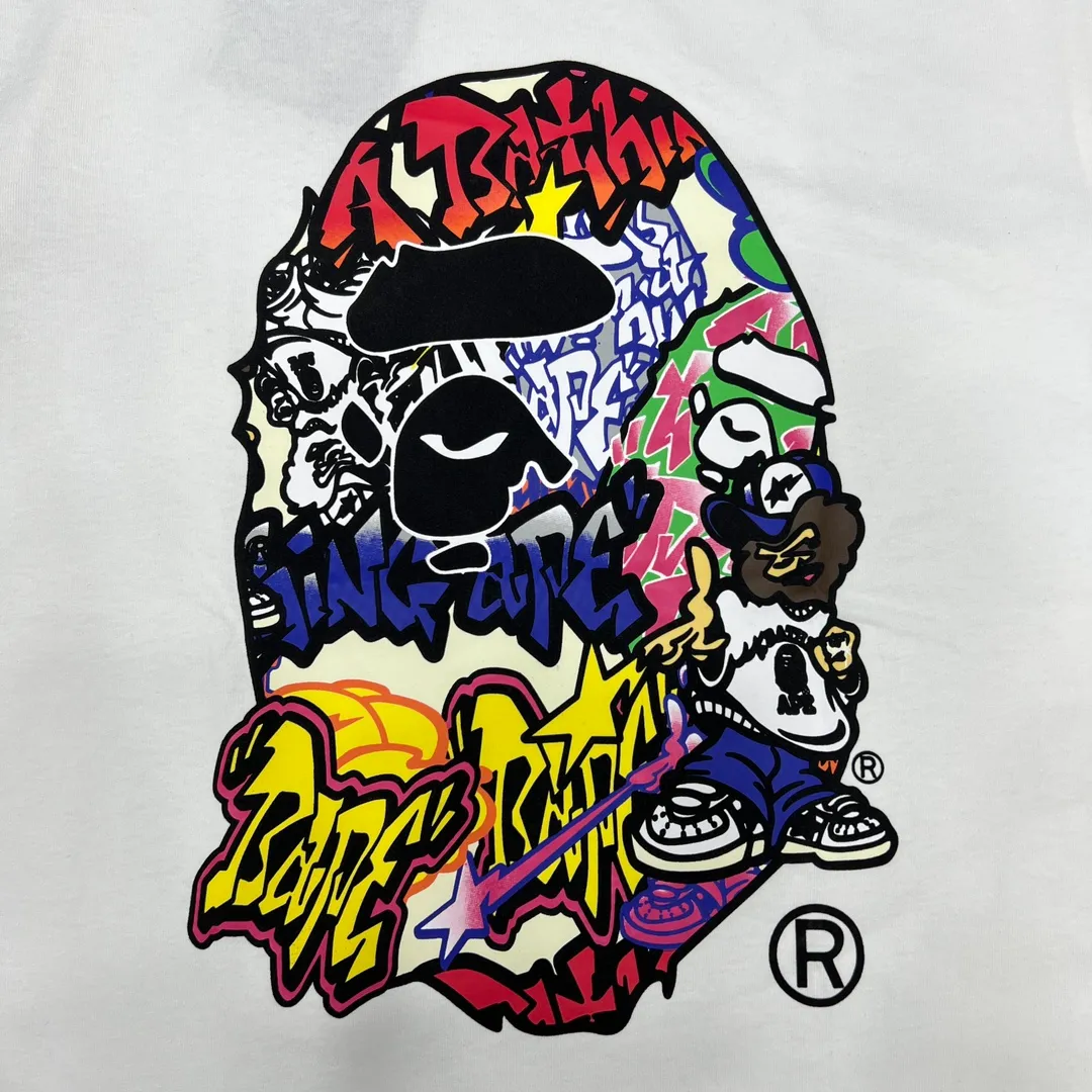 💰140 Bape color letter graffiti ape head print, linen cotton 280g, customized fabric, couple model: S—XXL [black white]