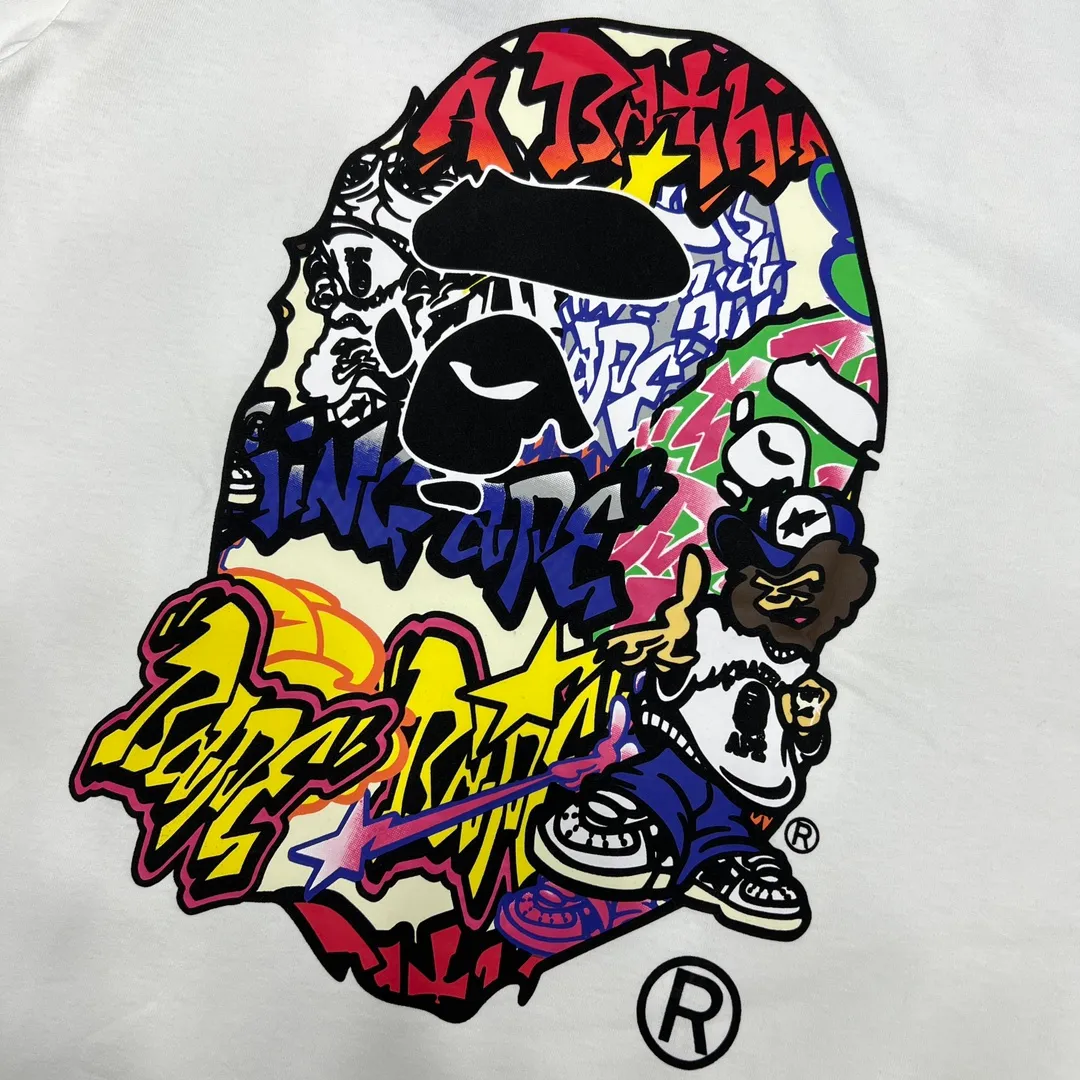 💰140 Bape color letter graffiti ape head print, linen cotton 280g, customized fabric, couple model: S—XXL [black white]