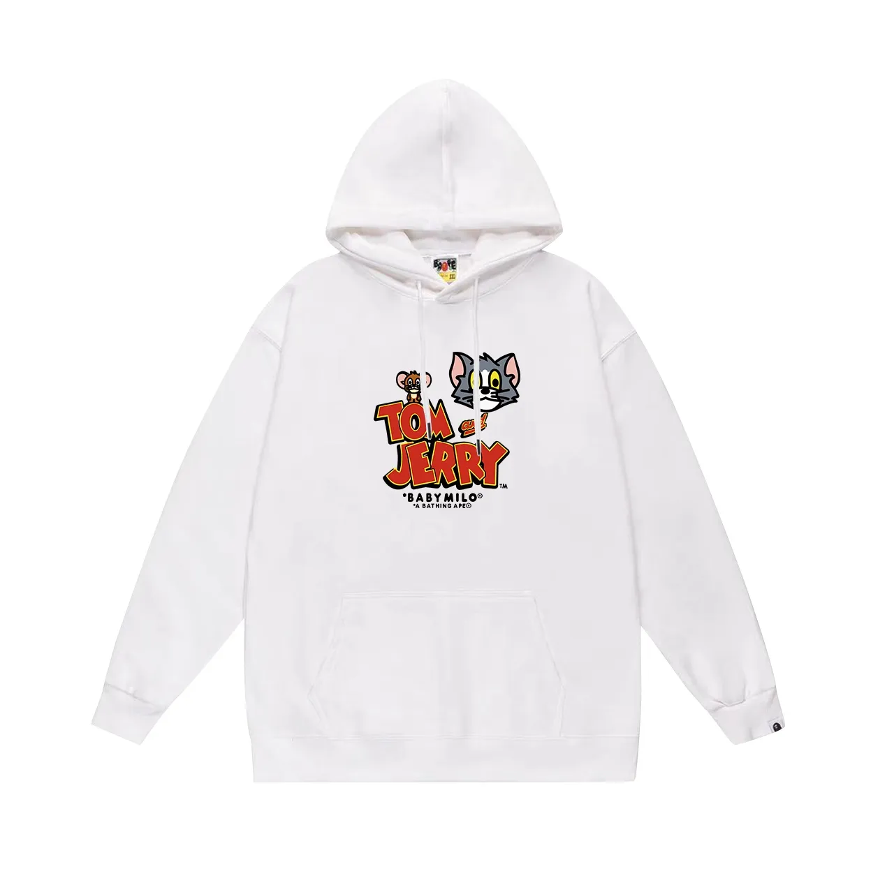 Model No. SC674#terry p160 plus velvet p180💰 (top version) BAPE ✖️Tom and Jerry Tom and Jerry couple's printed hooded sweatshirt. Made of 380g large terry 430g silver fox velvet (off-shoulder large version) fabric. The texture is soft and non-pilling. Imported environmentally friendly printing glue. The pattern is bright and three-dimensional. Quality💥Same style for men and women. The upper body is trendy. Color: black white gray Size: S M L XL XXL