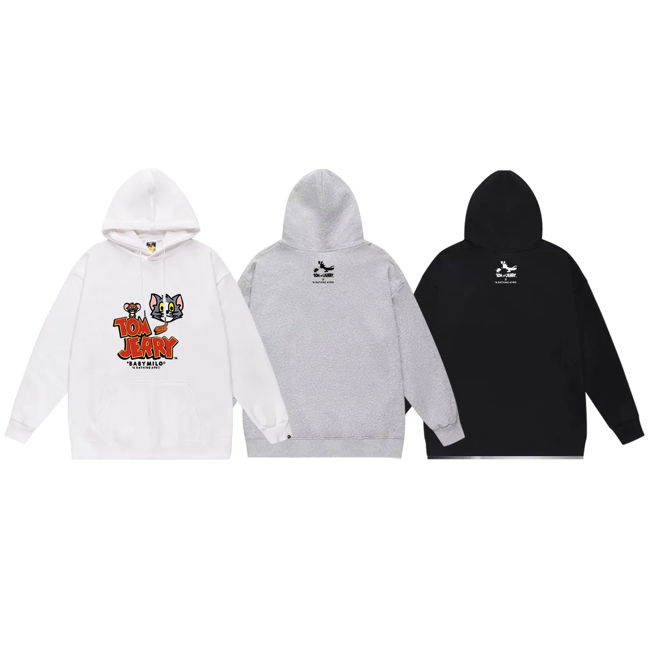 Model No. SC674#terry p160 plus velvet p180💰 (top version) BAPE ✖️Tom and Jerry Tom and Jerry couple's printed hooded sweatshirt. Made of 380g large terry 430g silver fox velvet (off-shoulder large version) fabric. The texture is soft and non-pilling. Imported environmentally friendly printing glue. The pattern is bright and three-dimensional. Quality💥Same style for men and women. The upper body is trendy. Color: black white gray Size: S M L XL XXL