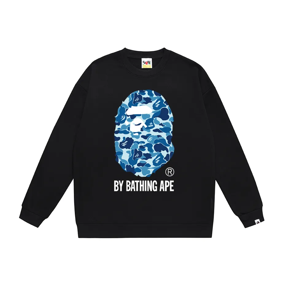 P150 model number SC451# terry 75 plus velvet 80 (top version) BAPE classic camouflage ape head letter printed round neck sweatshirt. Made of 350g large terry (drop shoulder large version) fabric, soft texture and no pilling. Imported environmentally friendly printing glue, bright and three-dimensional pattern. Quality 💥Same style for men and women. The upper body is trendy. Color: black and blue, white and blue, gray and blue, black and green, white and green, gray and green, black and red, white and red, gray and red. Size: S M L XL XXL