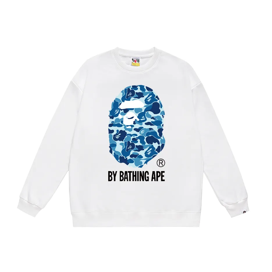 P150 model number SC451# terry 75 plus velvet 80 (top version) BAPE classic camouflage ape head letter printed round neck sweatshirt. Made of 350g large terry (drop shoulder large version) fabric, soft texture and no pilling. Imported environmentally friendly printing glue, bright and three-dimensional pattern. Quality 💥Same style for men and women. The upper body is trendy. Color: black and blue, white and blue, gray and blue, black and green, white and green, gray and green, black and red, white and red, gray and red. Size: S M L XL XXL