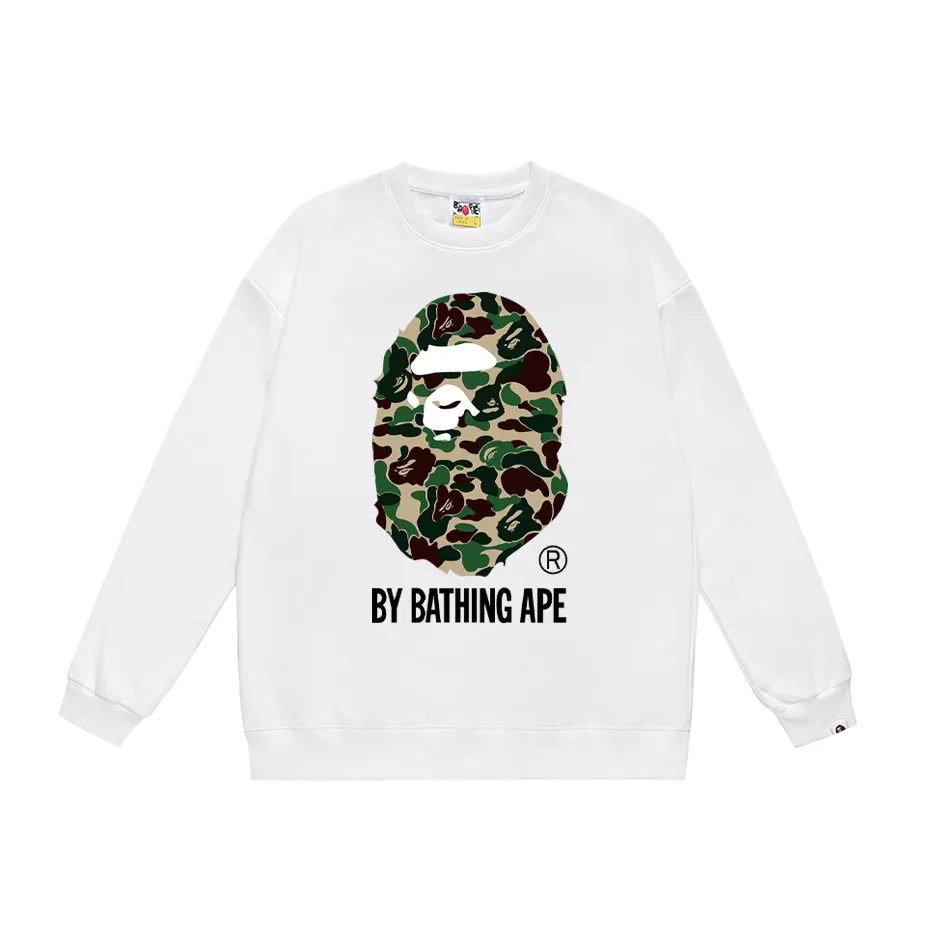 P150 model number SC451# terry 75 plus velvet 80 (top version) BAPE classic camouflage ape head letter printed round neck sweatshirt. Made of 350g large terry (drop shoulder large version) fabric, soft texture and no pilling. Imported environmentally friendly printing glue, bright and three-dimensional pattern. Quality 💥Same style for men and women. The upper body is trendy. Color: black and blue, white and blue, gray and blue, black and green, white and green, gray and green, black and red, white and red, gray and red. Size: S M L XL XXL