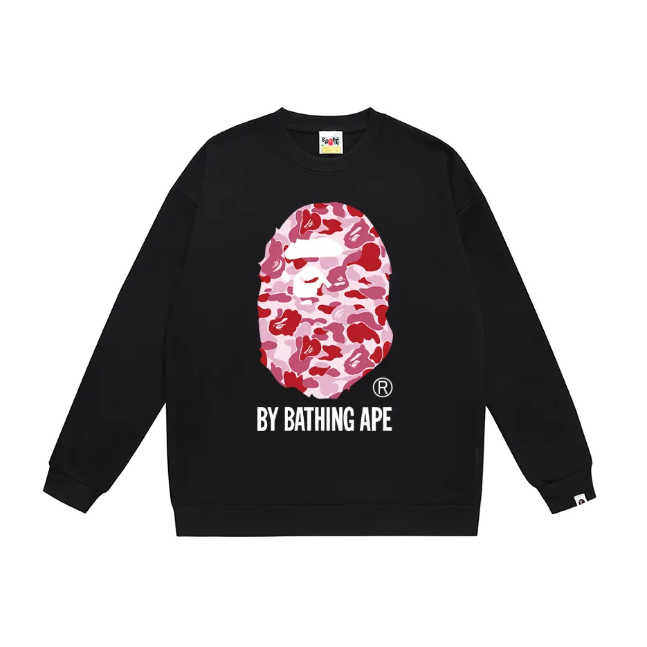 P150 model number SC451# terry 75 plus velvet 80 (top version) BAPE classic camouflage ape head letter printed round neck sweatshirt. Made of 350g large terry (drop shoulder large version) fabric, soft texture and no pilling. Imported environmentally friendly printing glue, bright and three-dimensional pattern. Quality 💥Same style for men and women. The upper body is trendy. Color: black and blue, white and blue, gray and blue, black and green, white and green, gray and green, black and red, white and red, gray and red. Size: S M L XL XXL