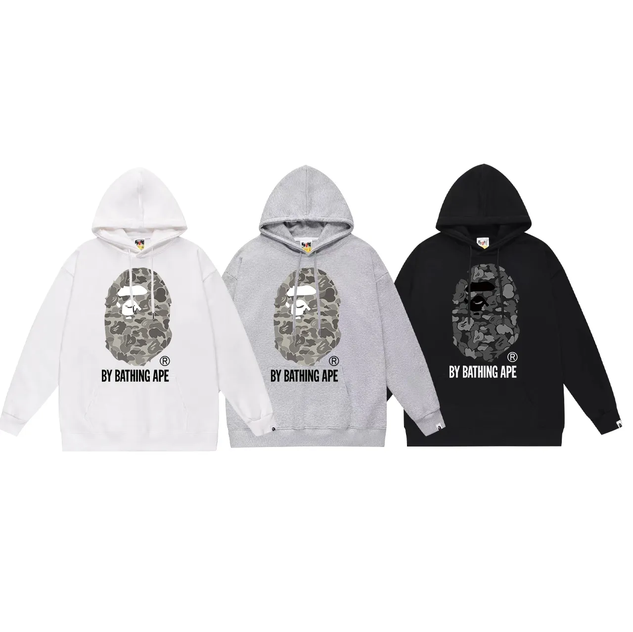 Model number SC647#terry p160 plus velvet p180💰 (top version) BAPE camouflage great ape letter print hooded sweatshirt Made of 380g large terry 430g silver fox velvet (drop shoulder large version) fabric, soft texture and no pilling Imported environmentally friendly printing glue The pattern is bright and three-dimensional Quality💥Same style for men and women The upper body is trendy Color: black white gray Size: S M L XL XXL