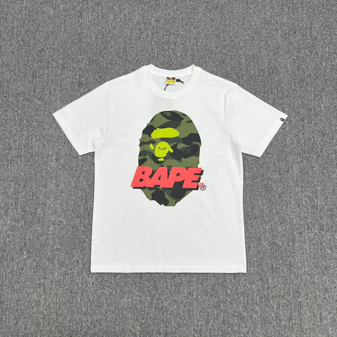 💰140 BAPE camouflage ape head pattern contrasting letter print short-sleeved T-shirt 270g weight linen cotton fabric ZP version Couple style: S-XXL [Black White]