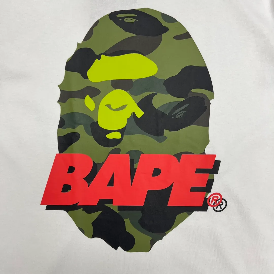 💰140 BAPE camouflage ape head pattern contrasting letter print short-sleeved T-shirt 270g weight linen cotton fabric ZP version Couple style: S-XXL [Black White]