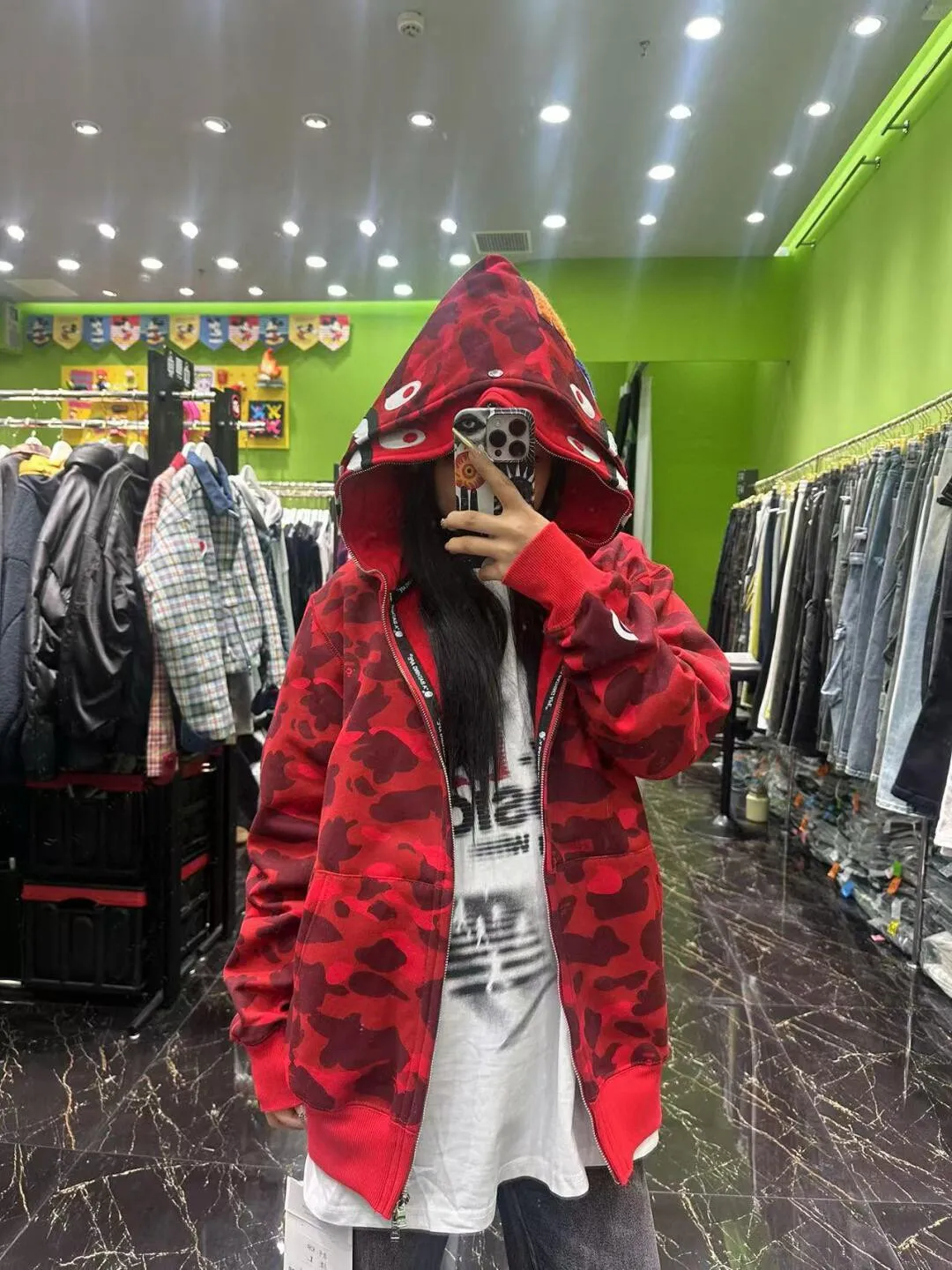 💰440 Bape double hood camouflage shark, customized fabric 1:1, fine workmanship, high quality version, couple model: S—XXL [blue, purple, red]