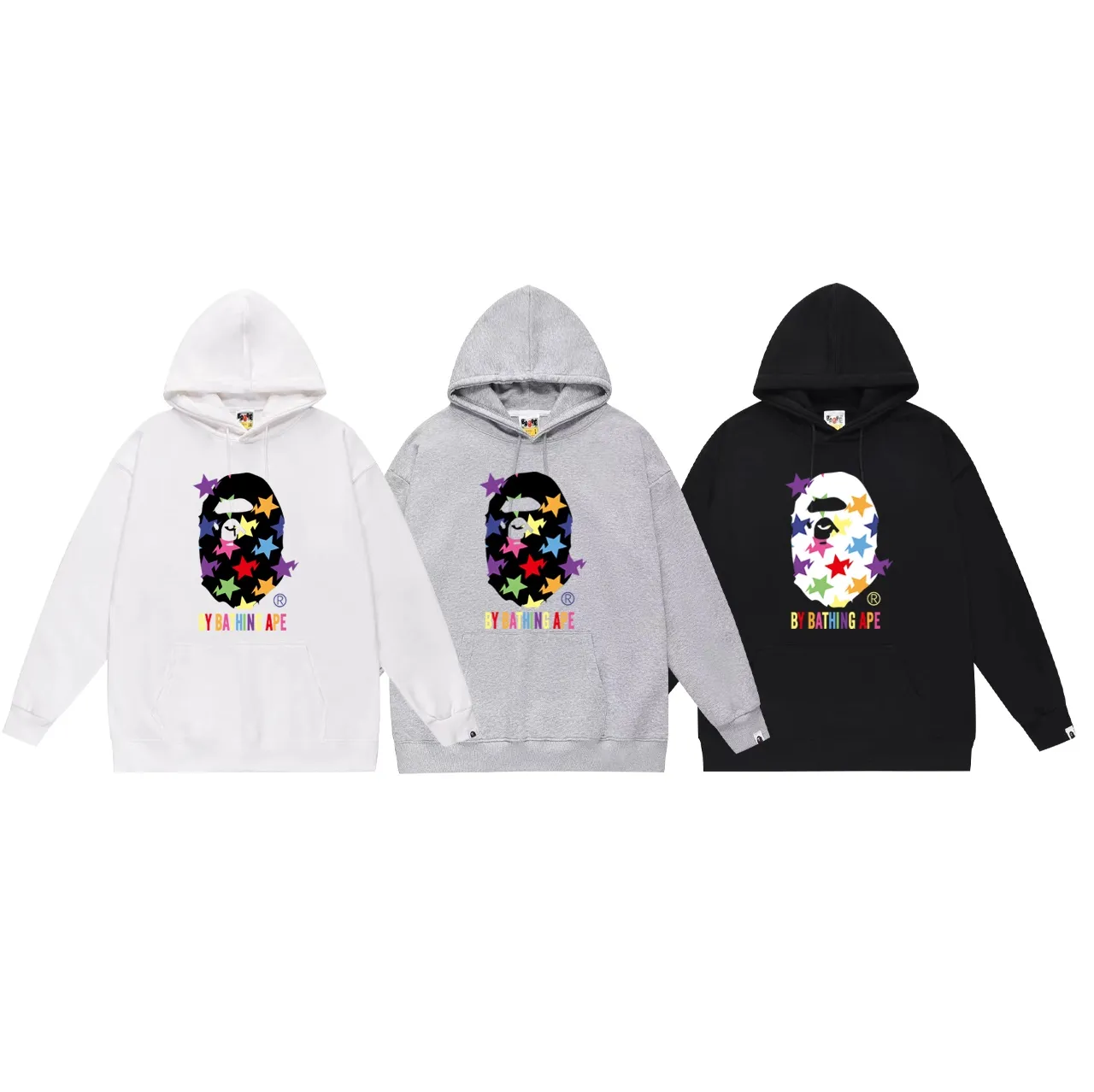 Model No. SC739# Terry p160 plus velvet 180💰 (top version) BAPE ape head color STA star printed hooded sweatshirt. Made of 380g large terry (drop shoulder large version) fabric. The texture is soft and non-pilling. Imported environmentally friendly printing glue. The pattern is bright and three-dimensional. Quality💥Same style for men and women. The upper body is trendy. Color: black white gray Size: S M L XL XXL