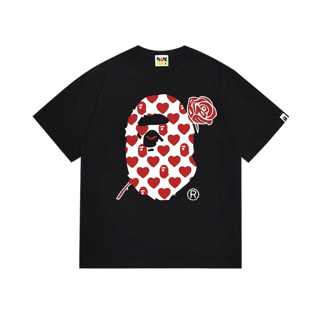 SC149#p110💰 (Top version) BAPE red rose ape head love letters printed short-sleeved T-shirt Made of 260 grams of high-quality high-weave pure cotton fabric, double yarn combed, soft texture and no pilling Imported environmentally friendly printing glue, bright and three-dimensional pattern, quality 💥Same style for men and women, the upper body is fashionable Color: black white Size: S M L XL XXL