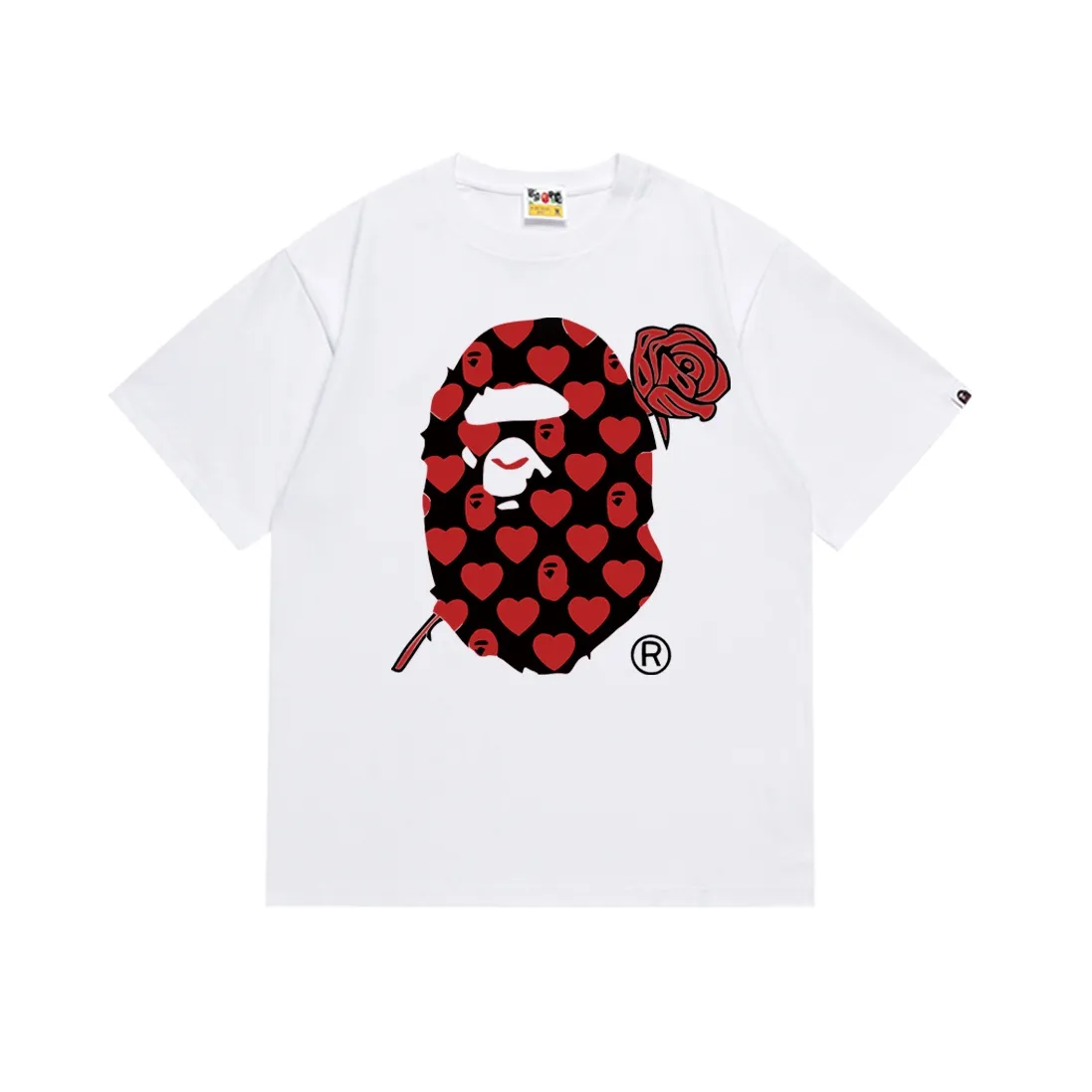 SC149#p110💰 (Top version) BAPE red rose ape head love letters printed short-sleeved T-shirt Made of 260 grams of high-quality high-weave pure cotton fabric, double yarn combed, soft texture and no pilling Imported environmentally friendly printing glue, bright and three-dimensional pattern, quality 💥Same style for men and women, the upper body is fashionable Color: black white Size: S M L XL XXL