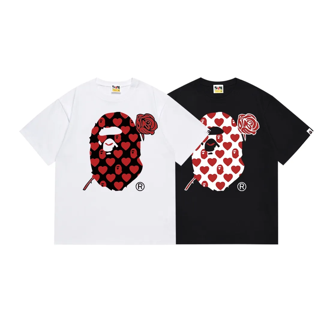 SC149#p110💰 (Top version) BAPE red rose ape head love letters printed short-sleeved T-shirt Made of 260 grams of high-quality high-weave pure cotton fabric, double yarn combed, soft texture and no pilling Imported environmentally friendly printing glue, bright and three-dimensional pattern, quality 💥Same style for men and women, the upper body is fashionable Color: black white Size: S M L XL XXL