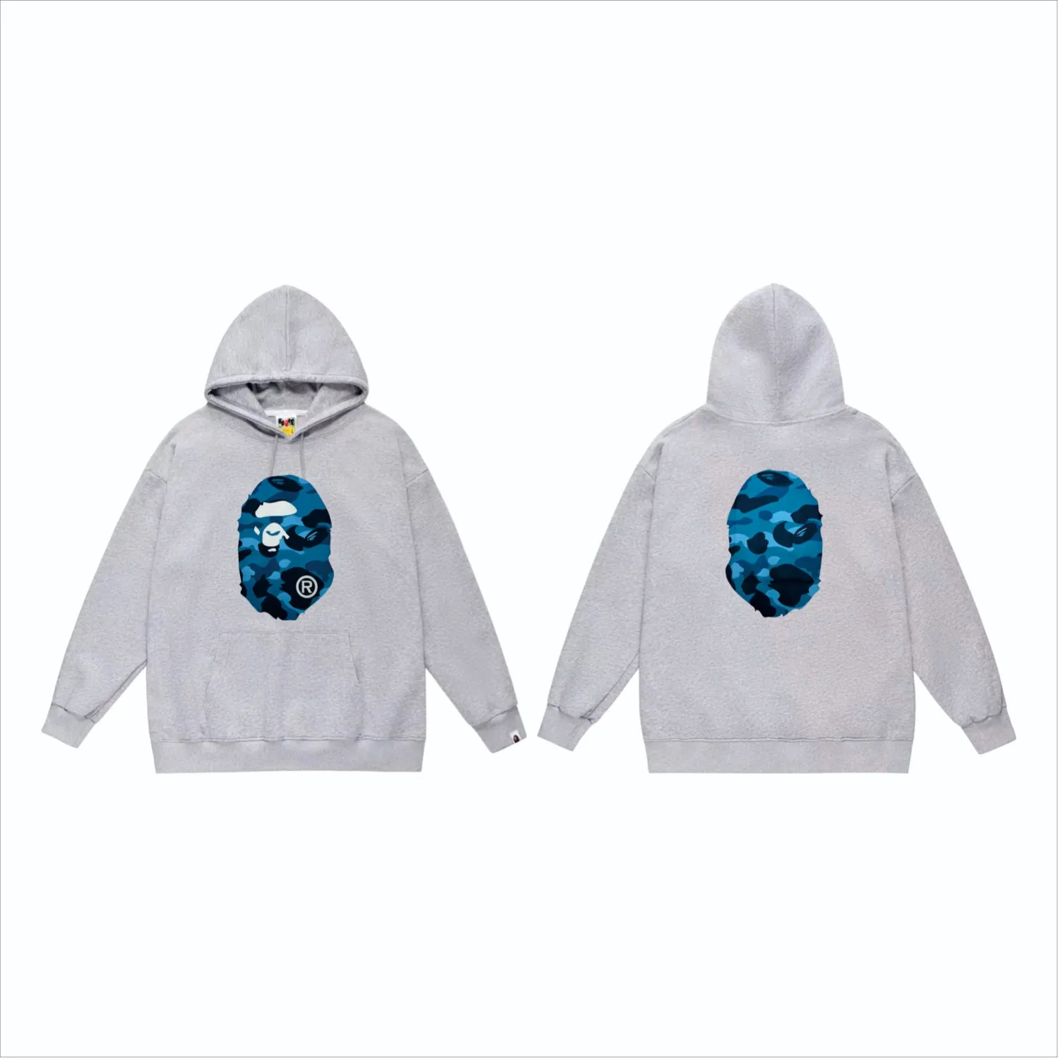 P160 model number SC852# terry 80 plus velvet 90 (top version) BAPE honeycomb camouflage letters great ape head print pattern hooded sweatshirt. Made of 380g large terry (drop shoulder large version) fabric, soft texture and no pilling. Imported environmentally friendly printing glue. Bright and three-dimensional pattern. Quality 💥Same style for men and women. The upper body is trendy. Color: black and blue, white and blue, gray and blue, black and gray, white and gray, gray and gray. Size: S M L XL XXL