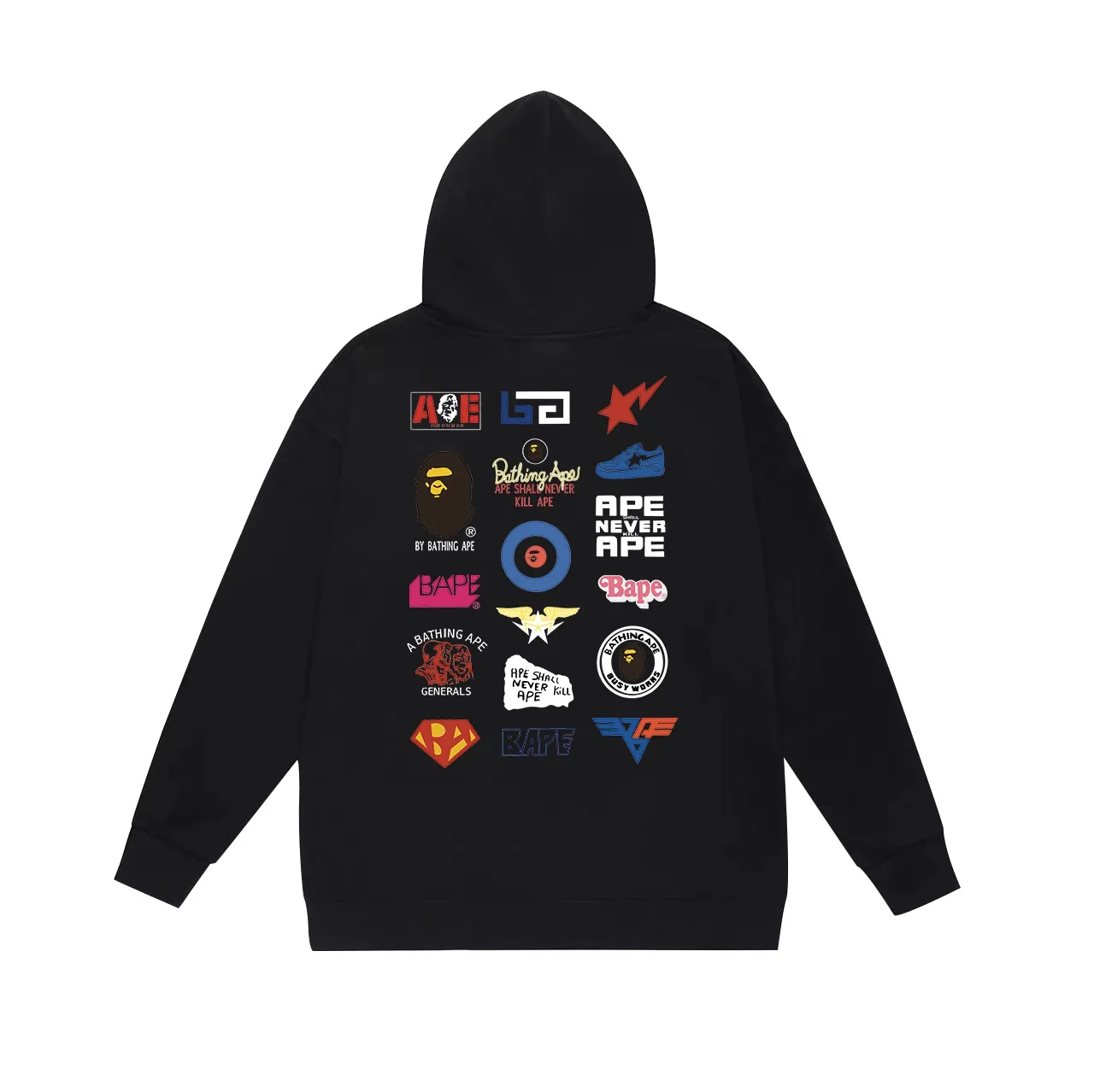 Model No. SC633#terry p160 plus velvet p180💰 (top version) BAPE back badge classic pattern double-sided printed hooded sweatshirt. Made of 380g large terry 430g silver fox velvet (drop shoulder large version) fabric. The texture is soft and non-pilling. Imported environmentally friendly printing glue. The pattern is bright and three-dimensional. Quality💥Same style for men and women. The upper body is trendy. Color: black white gray Size: S M L XL XXL
