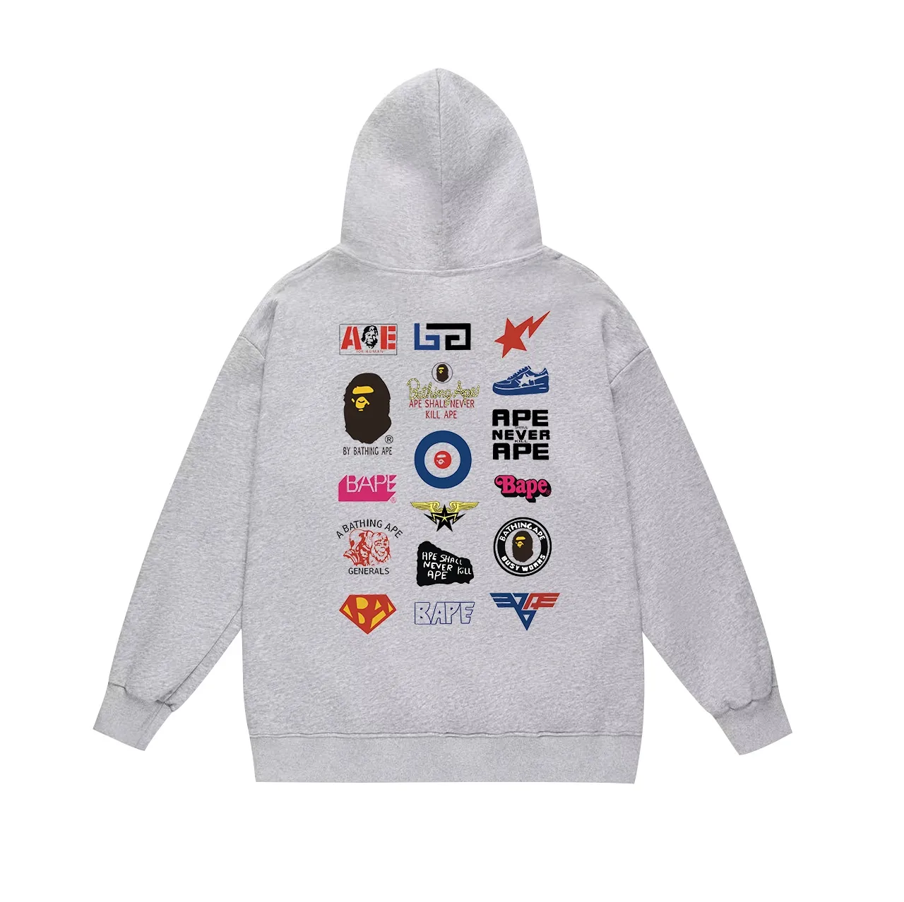 Model No. SC633#terry p160 plus velvet p180💰 (top version) BAPE back badge classic pattern double-sided printed hooded sweatshirt. Made of 380g large terry 430g silver fox velvet (drop shoulder large version) fabric. The texture is soft and non-pilling. Imported environmentally friendly printing glue. The pattern is bright and three-dimensional. Quality💥Same style for men and women. The upper body is trendy. Color: black white gray Size: S M L XL XXL