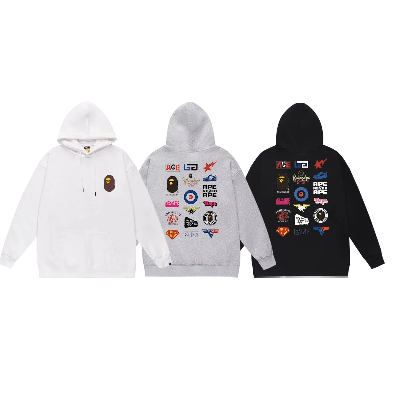 Model No. SC633#terry p160 plus velvet p180💰 (top version) BAPE back badge classic pattern double-sided printed hooded sweatshirt. Made of 380g large terry 430g silver fox velvet (drop shoulder large version) fabric. The texture is soft and non-pilling. Imported environmentally friendly printing glue. The pattern is bright and three-dimensional. Quality💥Same style for men and women. The upper body is trendy. Color: black white gray Size: S M L XL XXL