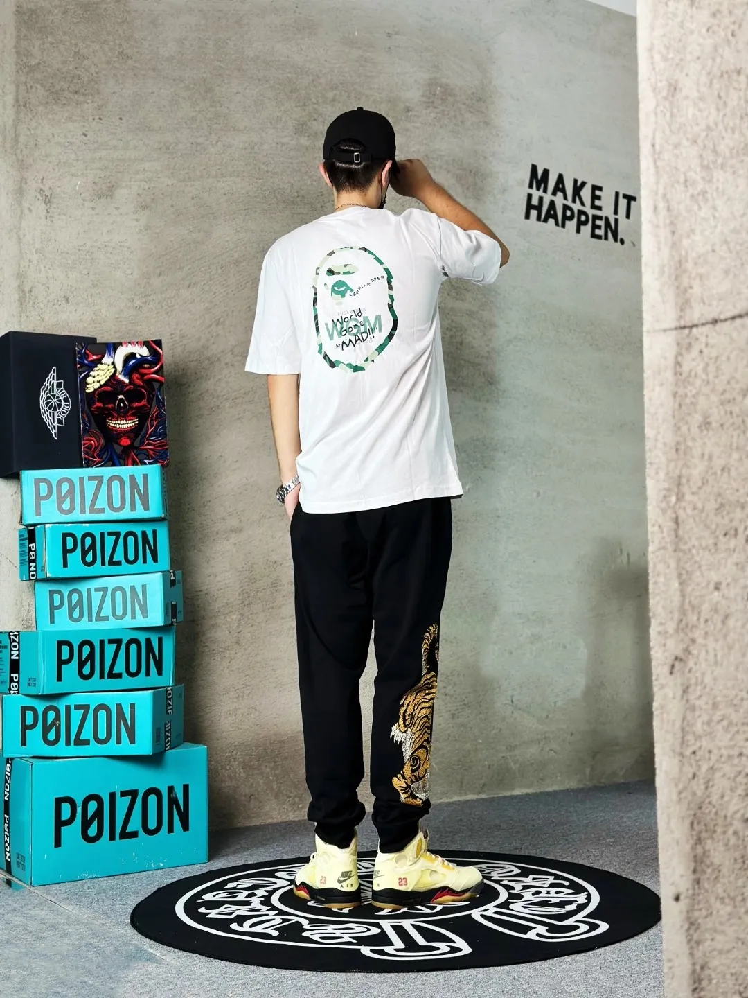 💰140 BAPE WOODLAND CAMO WGM forest camouflage ape letters ZP version 270g weight linen cotton fabric Couple style: S—XXL [Black White]