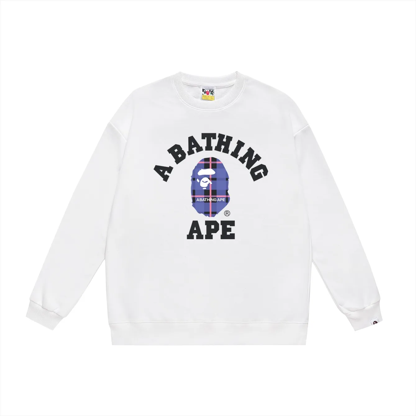 P150 model number SC496# terry 75 plus velvet 80 (top version) BAPE ape man head classic letter plaid pattern printed round neck sweatshirt Made of 350g large terry (drop shoulder large version) fabric, soft texture and no pilling Imported environmentally friendly printing glue The pattern is bright and three-dimensional Quality 💥Same style for men and women The upper body is trendy Color: black white gray Size: S M L XL XXL