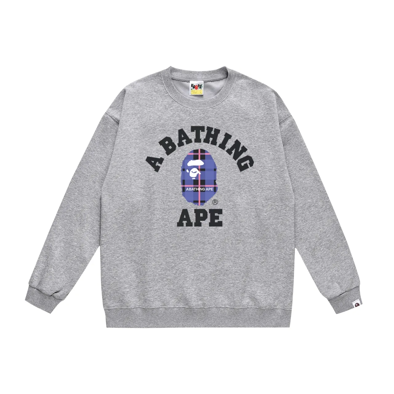 P150 model number SC496# terry 75 plus velvet 80 (top version) BAPE ape man head classic letter plaid pattern printed round neck sweatshirt Made of 350g large terry (drop shoulder large version) fabric, soft texture and no pilling Imported environmentally friendly printing glue The pattern is bright and three-dimensional Quality 💥Same style for men and women The upper body is trendy Color: black white gray Size: S M L XL XXL