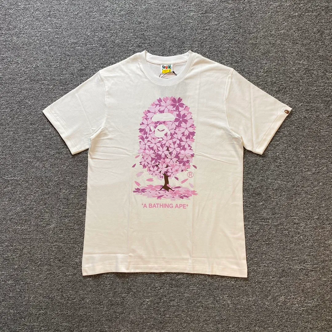 💰140 Bape Sakura Tree Second Generation Limited 2022SS Linen Cotton Fabric 280g Couple Style: S—XXL [Black White]