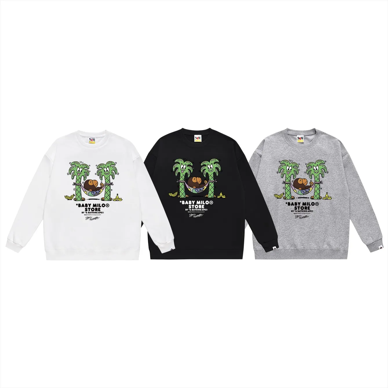P150 model number SC490# terry 75 plus velvet 80 (top version) BAPE lazy monkey cartoon animation pattern printed round neck sweatshirt. Made of 350 grams of large terry (drop shoulder large version) fabric. The texture is soft and non-pilling. Imported environmentally friendly printing glue. The pattern is bright and three-dimensional. Quality💥Same style for men and women. The upper body is trendy. Color: black white gray Size: S M L XL XXL