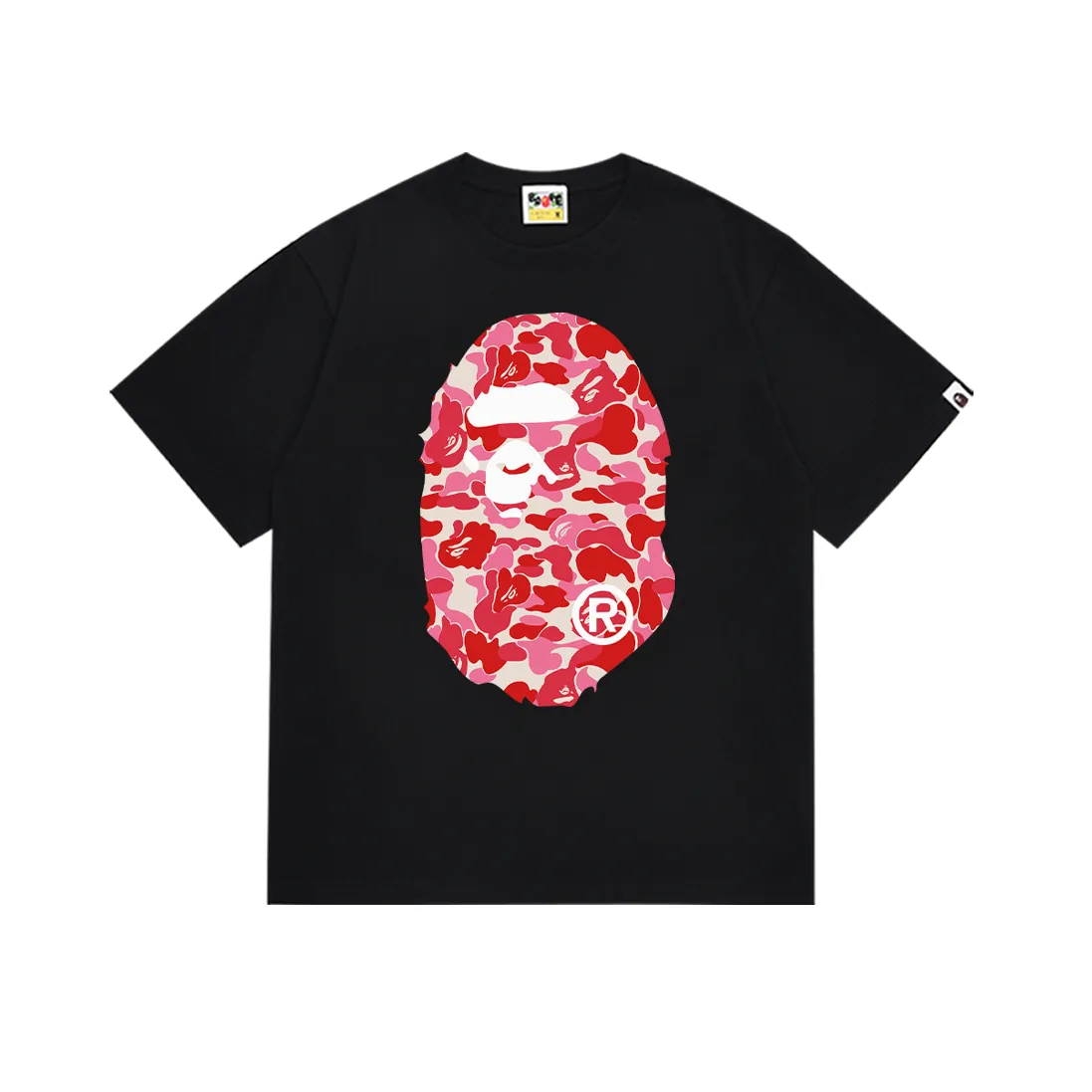 P110 SC036# (top version) BAPE ABC pink camouflage ape LOGO double-sided printed short-sleeved T-shirt. Made of 260 grams of high-quality high-weave pure cotton fabric. Double yarn combed, soft texture and no pilling. Imported environmentally friendly printing glue. Bright and three-dimensional pattern. Quality💥Same style for men and women. The upper body is trendy. Color: black and red, white and red, size: S M L XL XXL