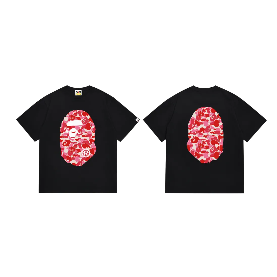 P110 SC036# (top version) BAPE ABC pink camouflage ape LOGO double-sided printed short-sleeved T-shirt. Made of 260 grams of high-quality high-weave pure cotton fabric. Double yarn combed, soft texture and no pilling. Imported environmentally friendly printing glue. Bright and three-dimensional pattern. Quality💥Same style for men and women. The upper body is trendy. Color: black and red, white and red, size: S M L XL XXL