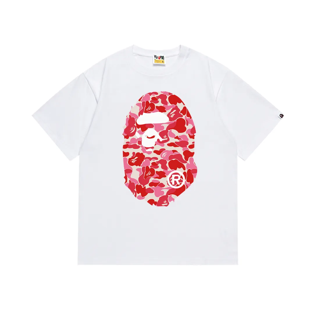 P110 SC036# (top version) BAPE ABC pink camouflage ape LOGO double-sided printed short-sleeved T-shirt. Made of 260 grams of high-quality high-weave pure cotton fabric. Double yarn combed, soft texture and no pilling. Imported environmentally friendly printing glue. Bright and three-dimensional pattern. Quality💥Same style for men and women. The upper body is trendy. Color: black and red, white and red, size: S M L XL XXL
