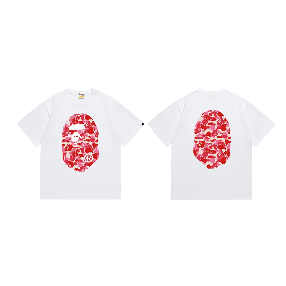 P110 SC036# (top version) BAPE ABC pink camouflage ape LOGO double-sided printed short-sleeved T-shirt. Made of 260 grams of high-quality high-weave pure cotton fabric. Double yarn combed, soft texture and no pilling. Imported environmentally friendly printing glue. Bright and three-dimensional pattern. Quality💥Same style for men and women. The upper body is trendy. Color: black and red, white and red, size: S M L XL XXL