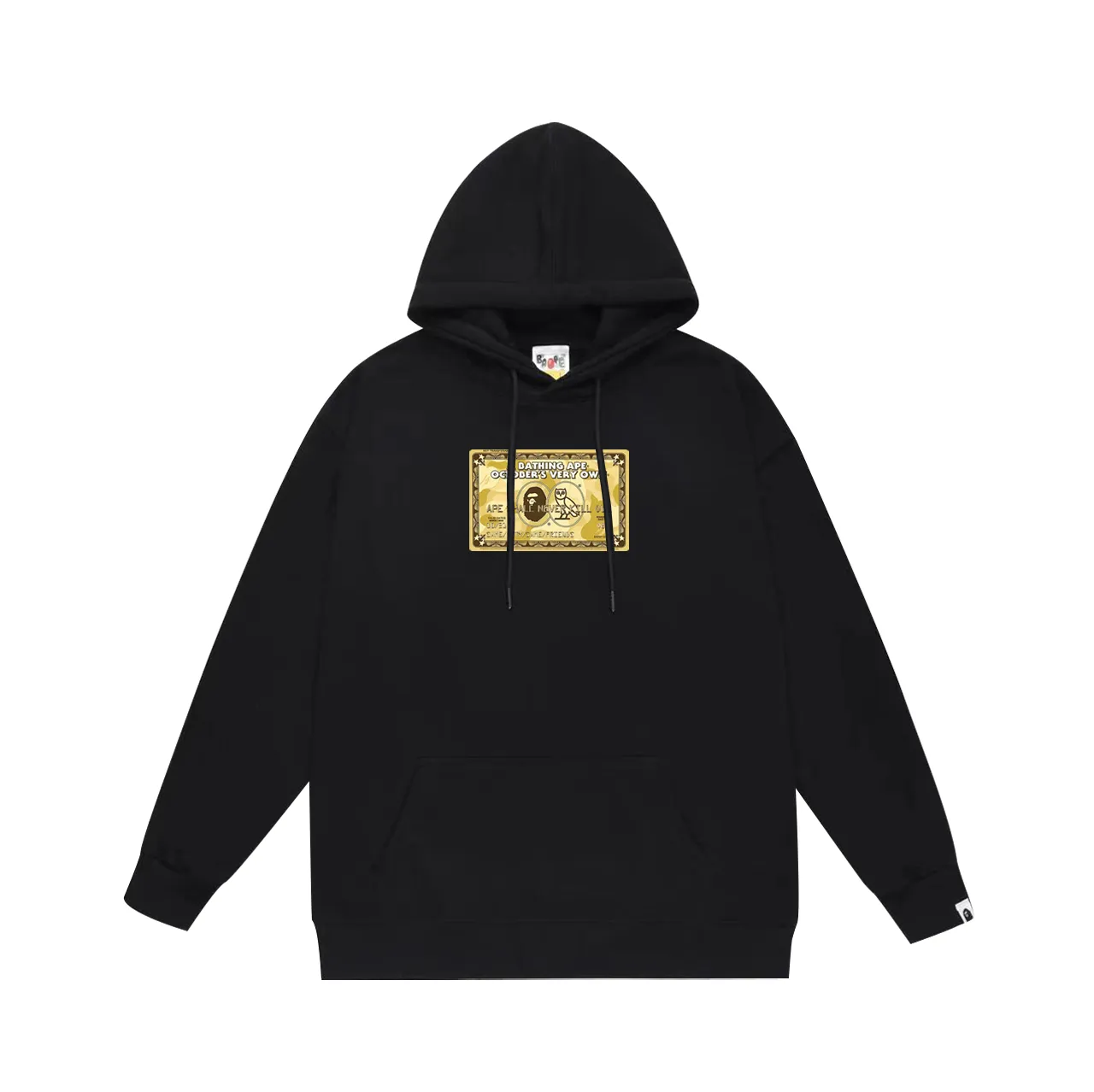 P160 model number SC795# terry 80 plus velvet 90 (top version) BAPE×OVO co-branded ape head owl gold card logo printed hooded sweatshirt. Made of 380g large terry (drop shoulder large version) fabric. The texture is soft and non-pilling. Imported environmentally friendly printing glue. The pattern is bright and three-dimensional. Quality💥Same style for men and women. The upper body is trendy. Color: black white gray Size: S M L XL XXL