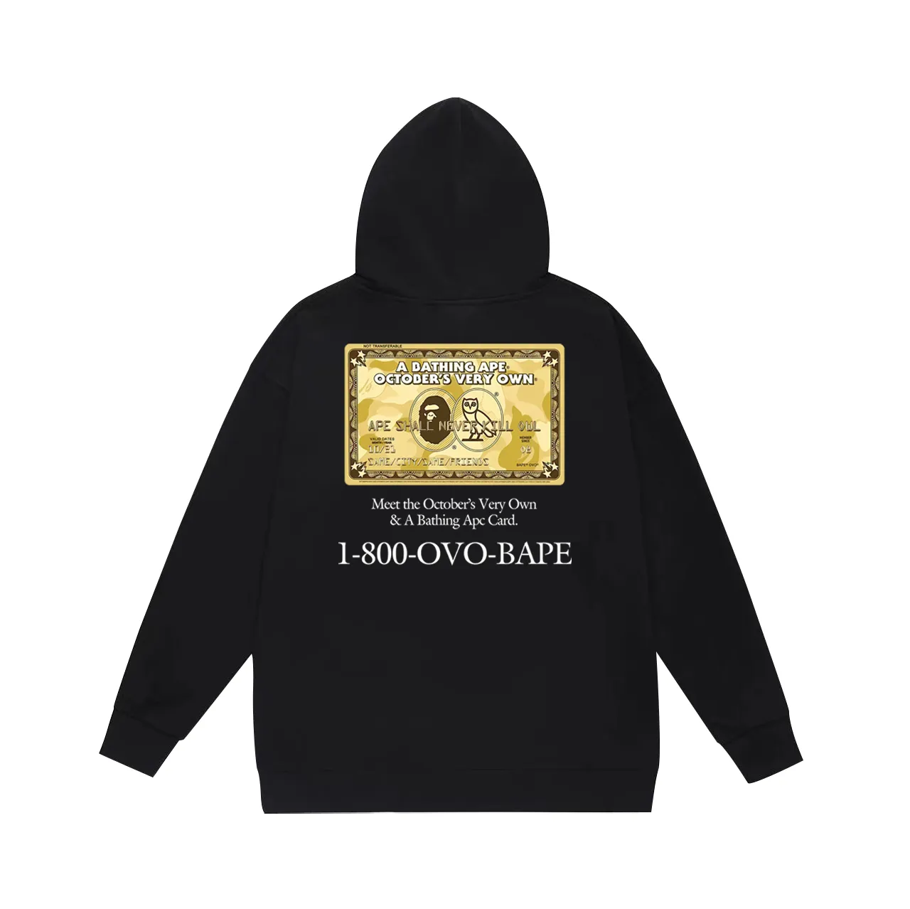 P160 model number SC795# terry 80 plus velvet 90 (top version) BAPE×OVO co-branded ape head owl gold card logo printed hooded sweatshirt. Made of 380g large terry (drop shoulder large version) fabric. The texture is soft and non-pilling. Imported environmentally friendly printing glue. The pattern is bright and three-dimensional. Quality💥Same style for men and women. The upper body is trendy. Color: black white gray Size: S M L XL XXL