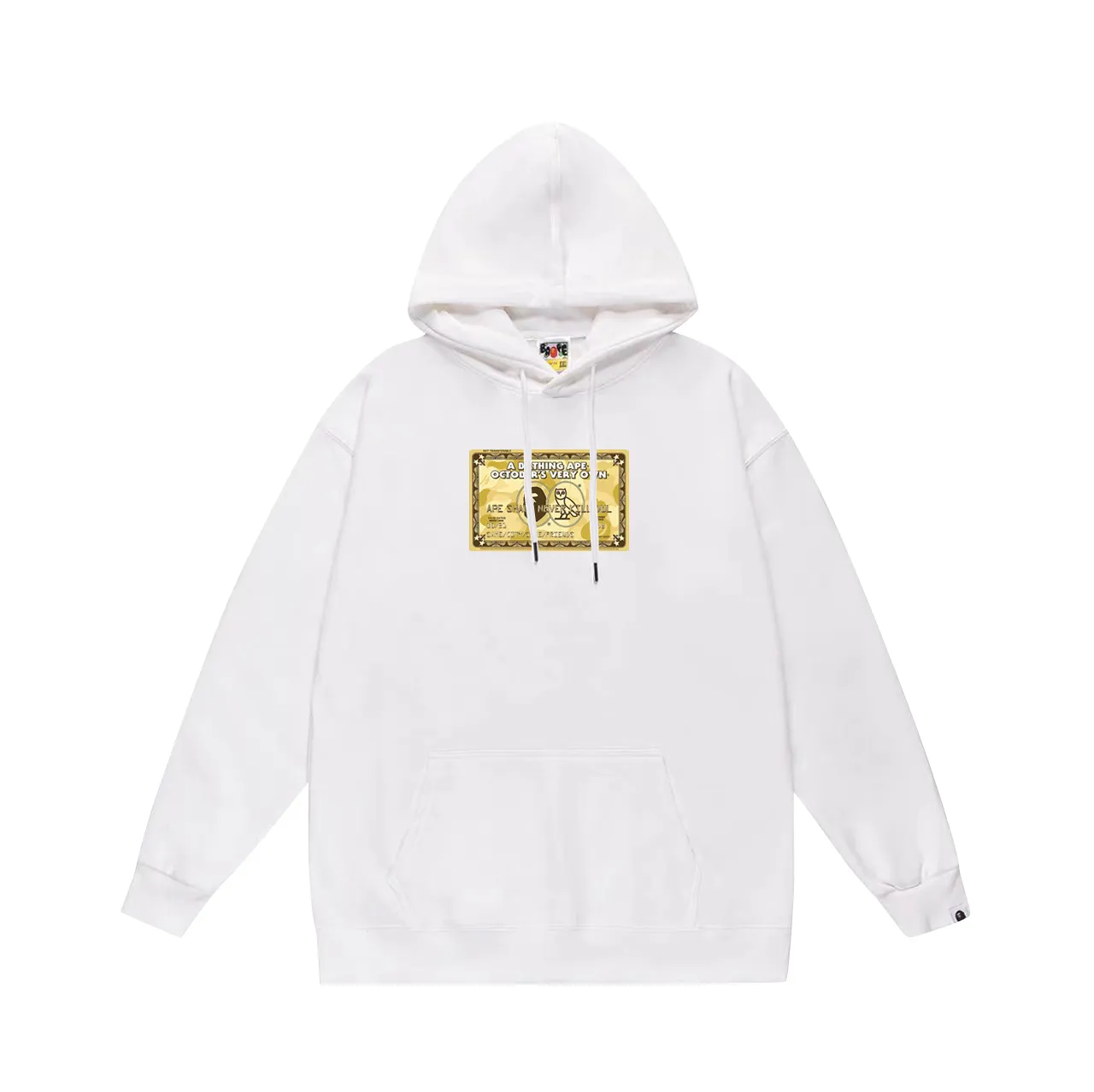 P160 model number SC795# terry 80 plus velvet 90 (top version) BAPE×OVO co-branded ape head owl gold card logo printed hooded sweatshirt. Made of 380g large terry (drop shoulder large version) fabric. The texture is soft and non-pilling. Imported environmentally friendly printing glue. The pattern is bright and three-dimensional. Quality💥Same style for men and women. The upper body is trendy. Color: black white gray Size: S M L XL XXL