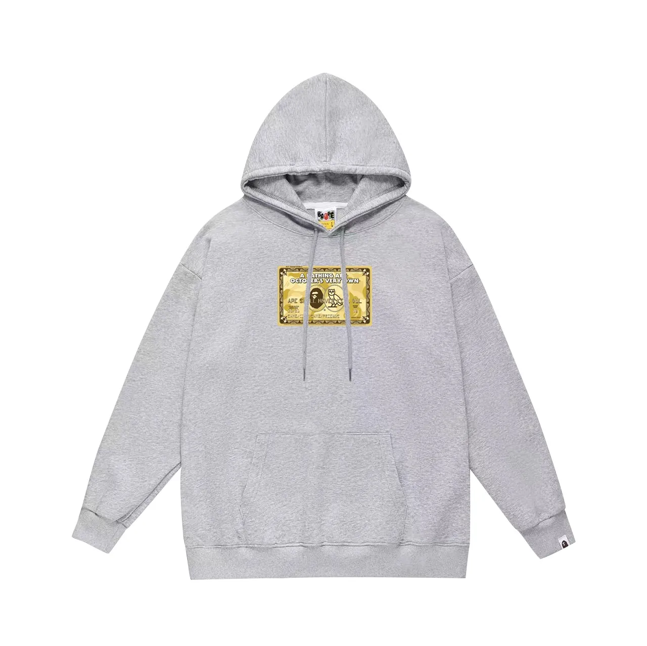 P160 model number SC795# terry 80 plus velvet 90 (top version) BAPE×OVO co-branded ape head owl gold card logo printed hooded sweatshirt. Made of 380g large terry (drop shoulder large version) fabric. The texture is soft and non-pilling. Imported environmentally friendly printing glue. The pattern is bright and three-dimensional. Quality💥Same style for men and women. The upper body is trendy. Color: black white gray Size: S M L XL XXL