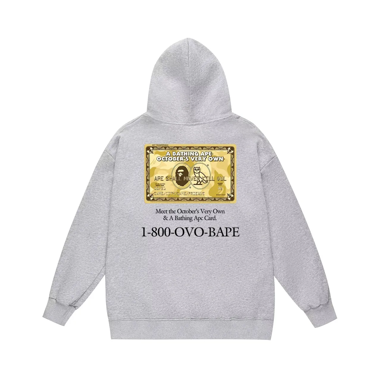 P160 model number SC795# terry 80 plus velvet 90 (top version) BAPE×OVO co-branded ape head owl gold card logo printed hooded sweatshirt. Made of 380g large terry (drop shoulder large version) fabric. The texture is soft and non-pilling. Imported environmentally friendly printing glue. The pattern is bright and three-dimensional. Quality💥Same style for men and women. The upper body is trendy. Color: black white gray Size: S M L XL XXL